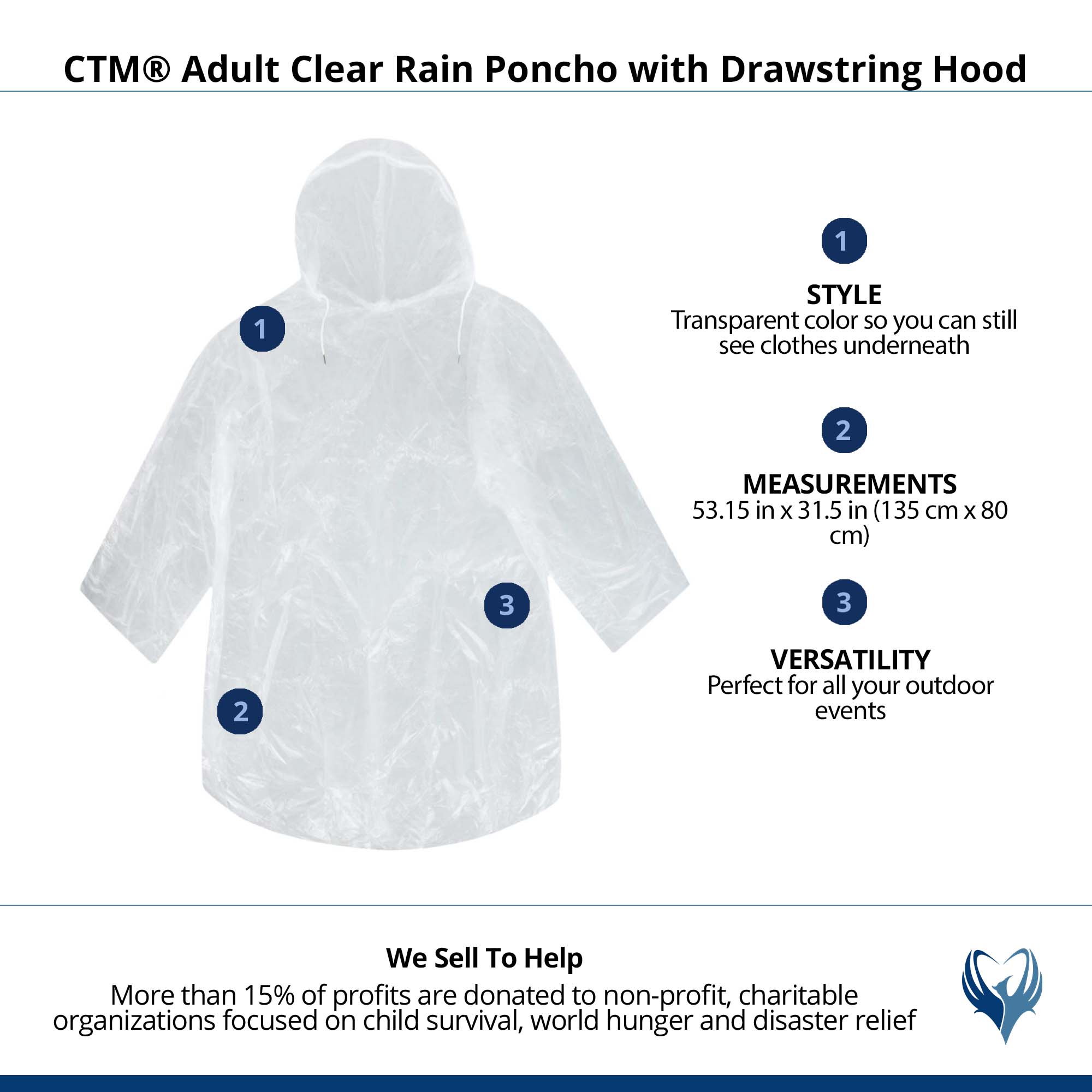 CTM® Adult Clear Rain Poncho with Drawstring Hood - Clear