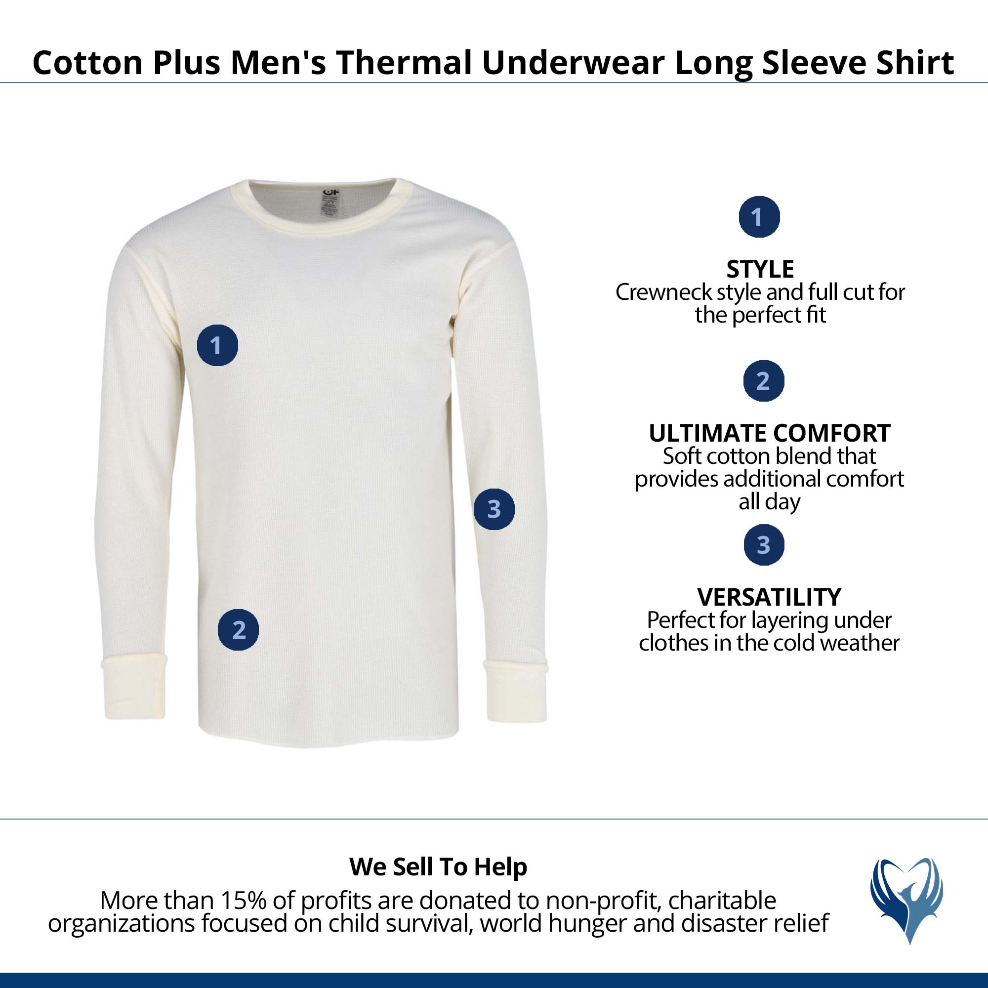 Cotton Plus Men's Thermal Underwear Long Sleeve Shirt - Natural