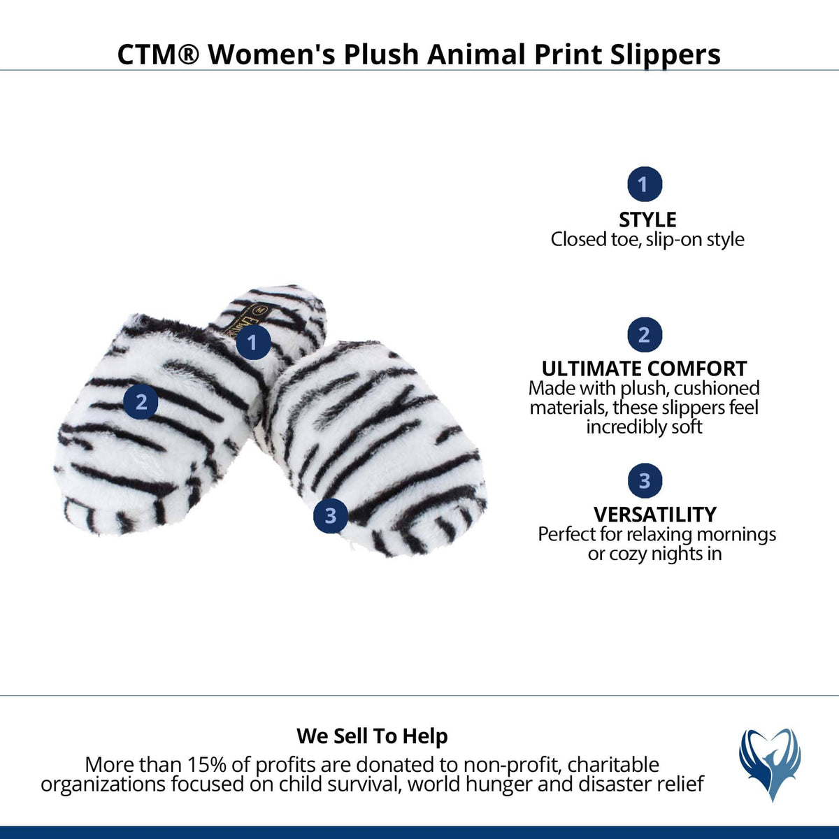 CTM® Women's Plush Animal Print Slippers - White