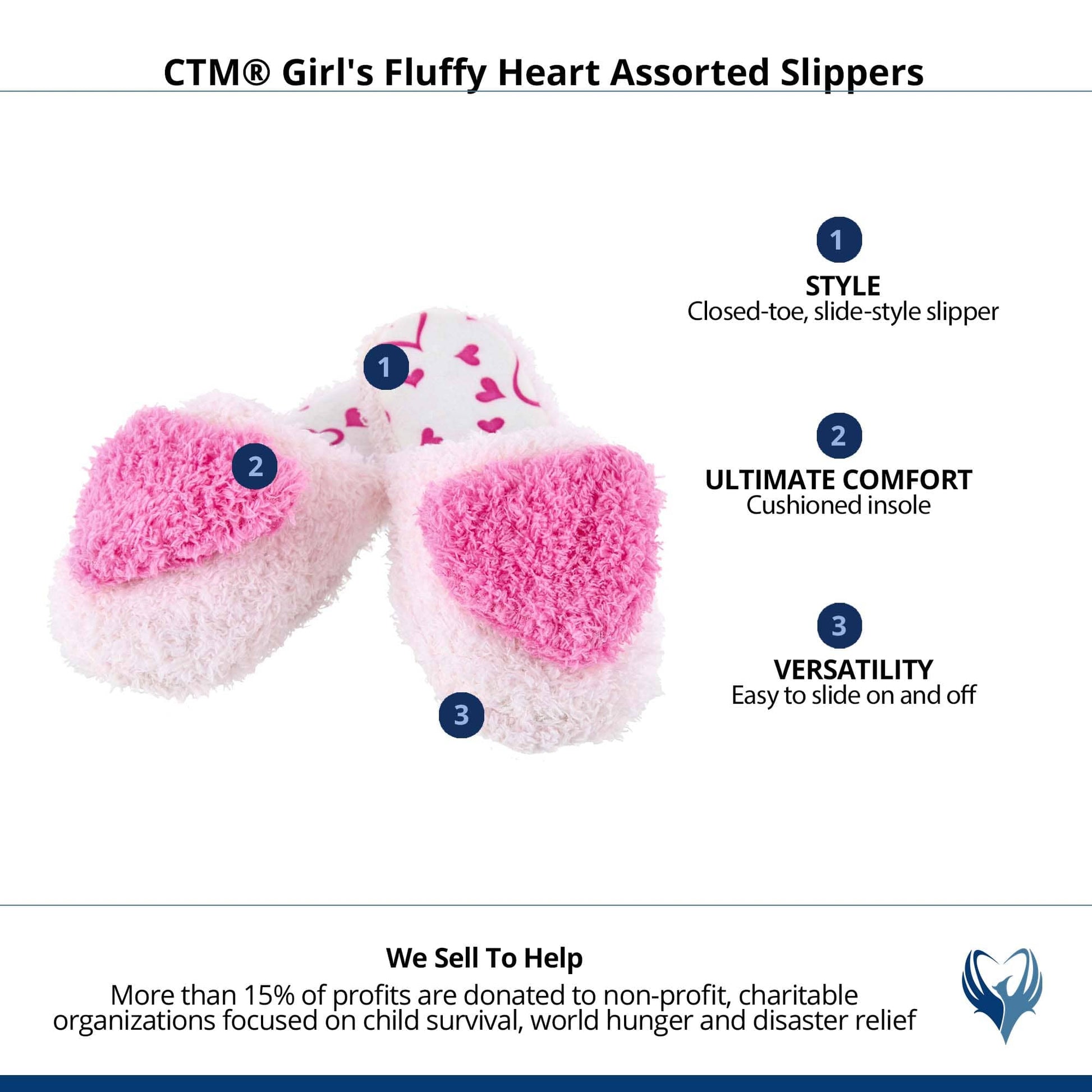 CTM® Girl's Fluffy Heart Assorted Slippers - Pink