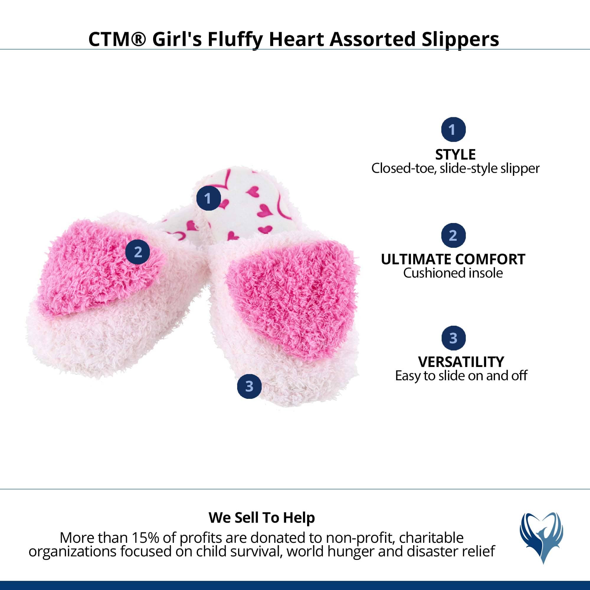 CTM® Girl's Fluffy Heart Assorted Slippers - Pink