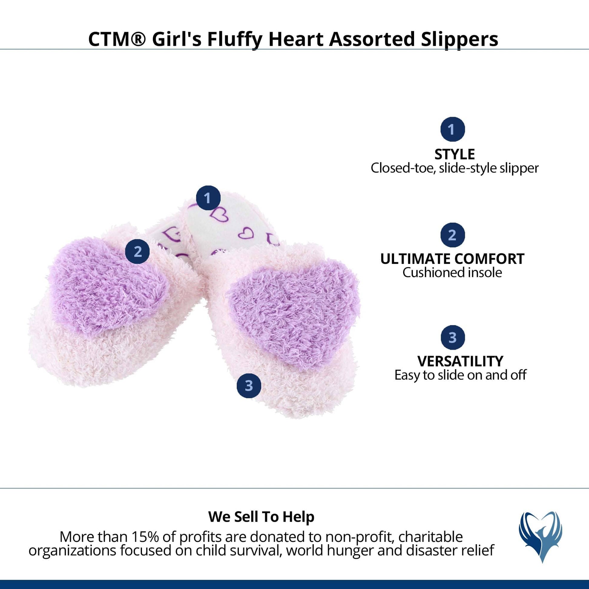 CTM® Girl's Fluffy Heart Assorted Slippers - Purple