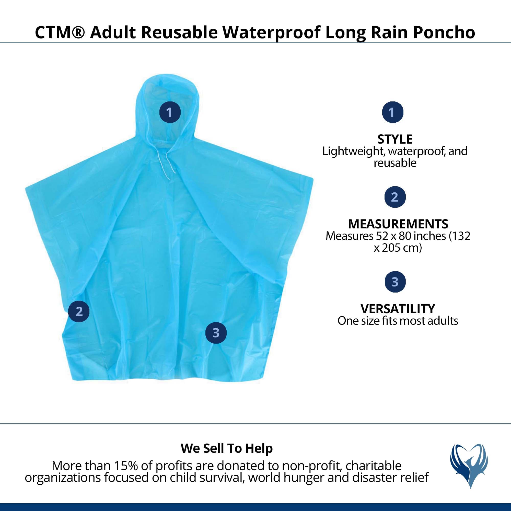 CTM® Adult Reusable Waterproof Long Rain Poncho - Blue