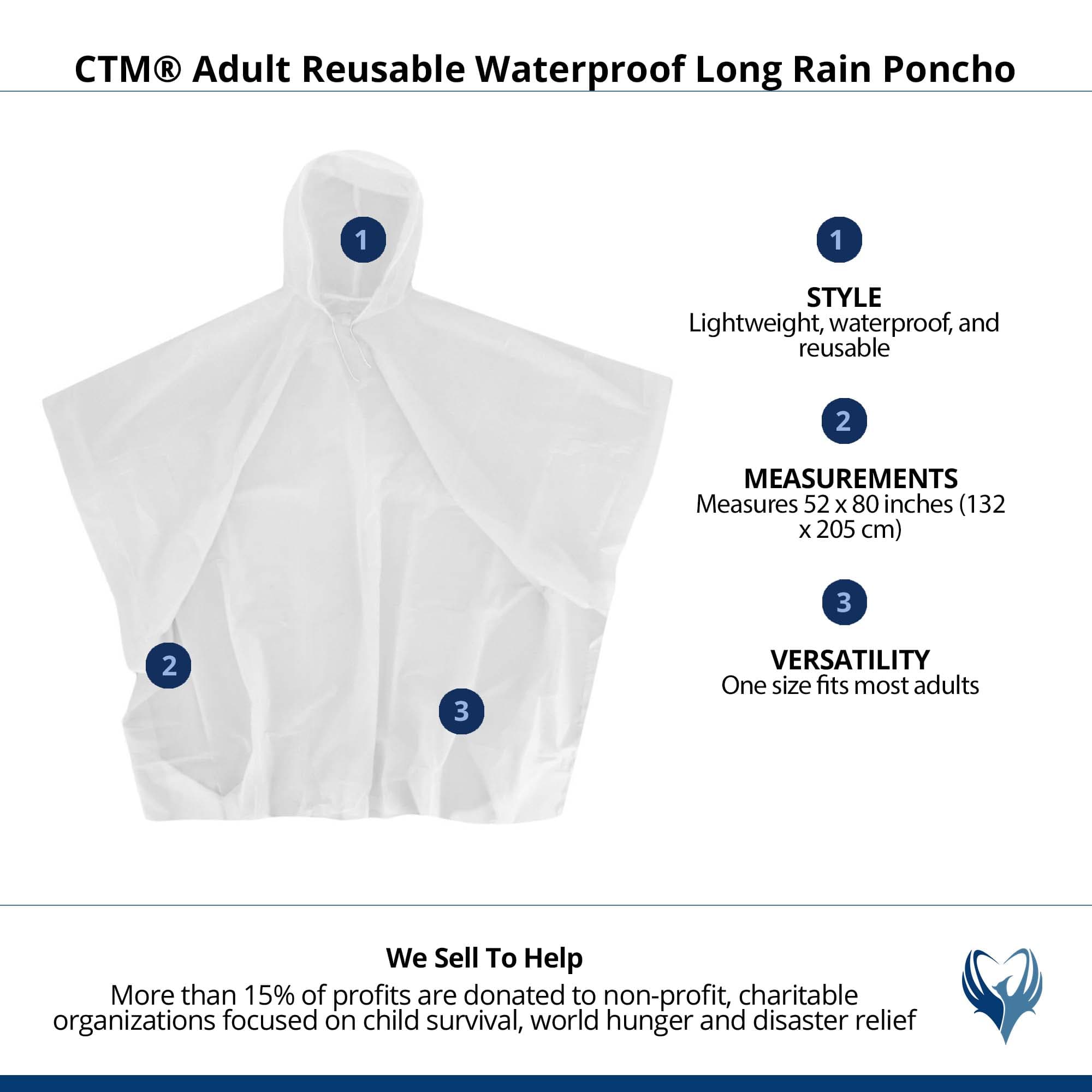CTM® Adult Reusable Waterproof Long Rain Poncho - Clear