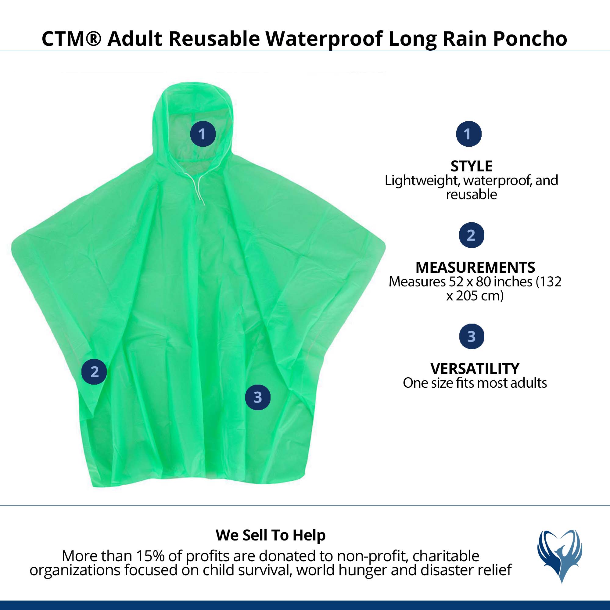 CTM® Adult Reusable Waterproof Long Rain Poncho - Green