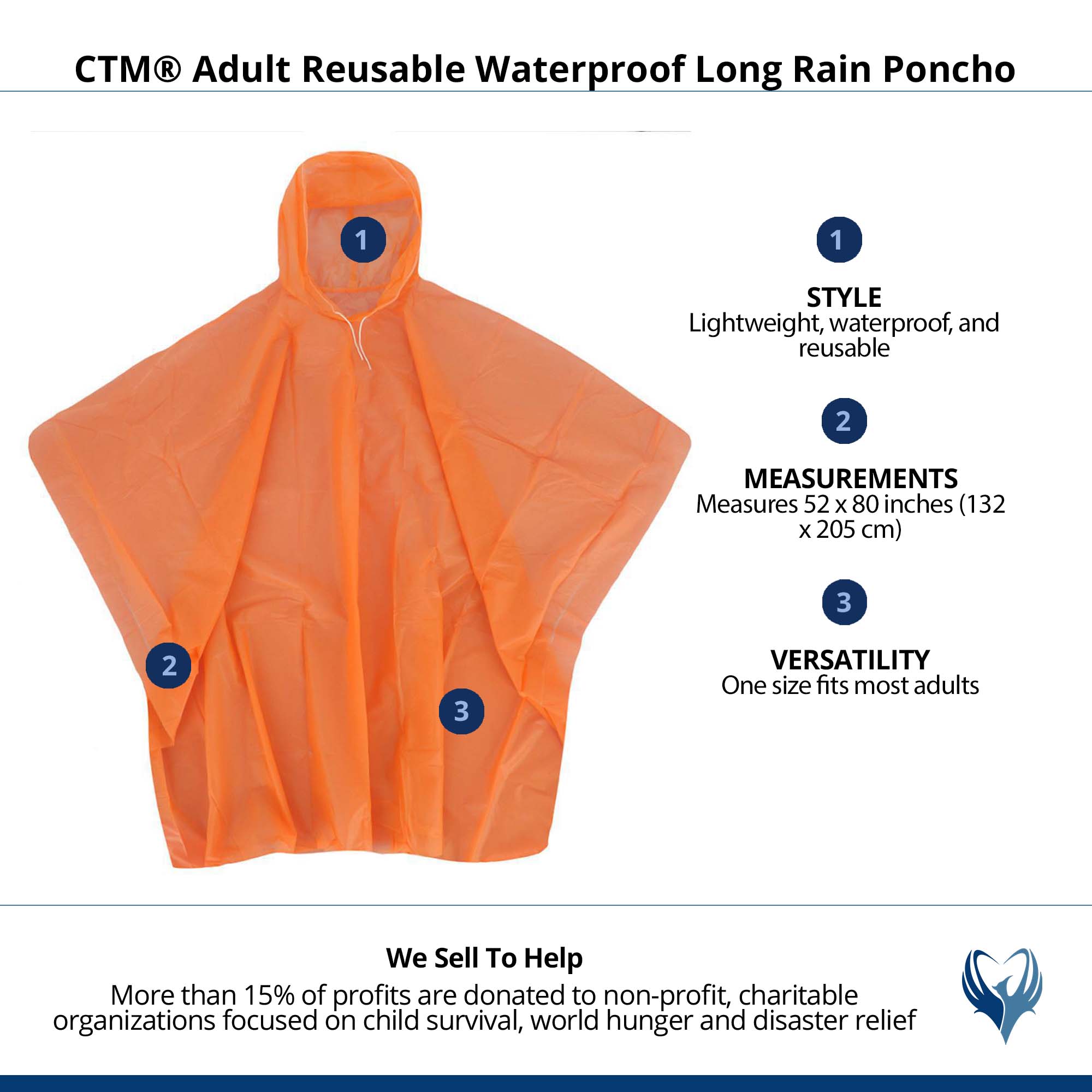 CTM® Adult Reusable Waterproof Long Rain Poncho - Orange