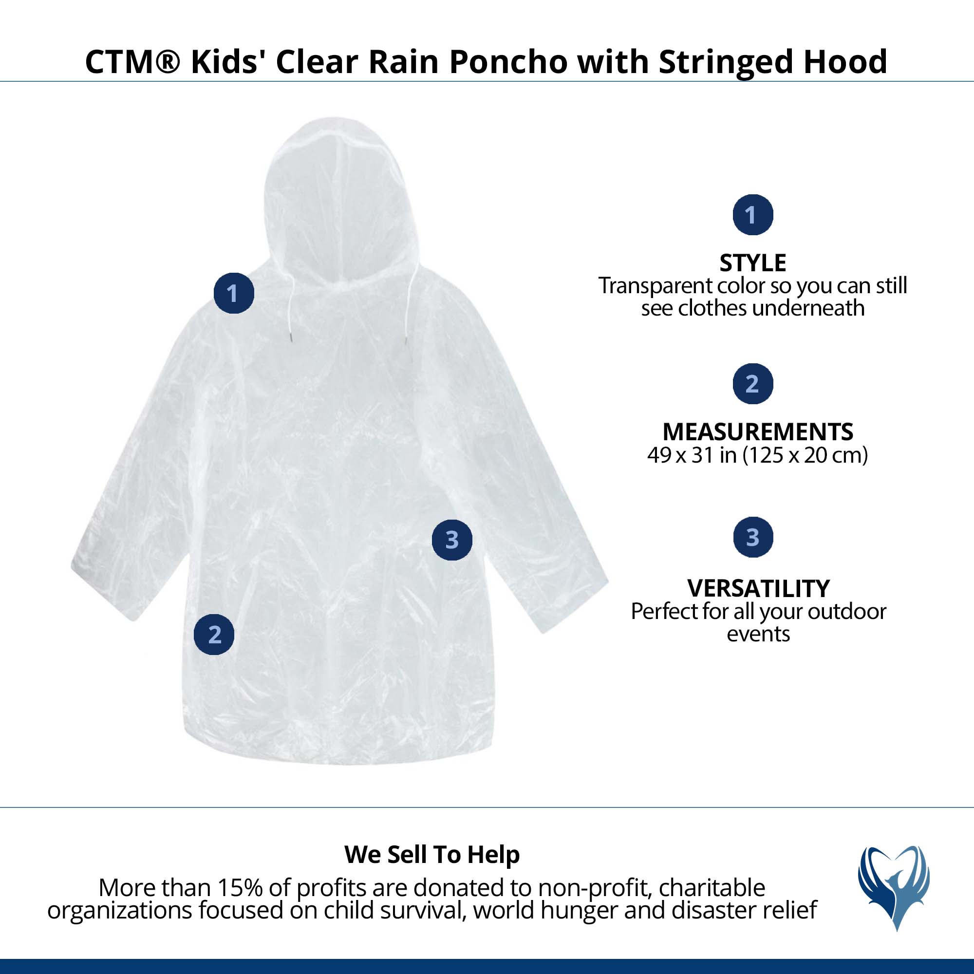 CTM® Kids' Clear Rain Poncho with Stringed Hood - Clear