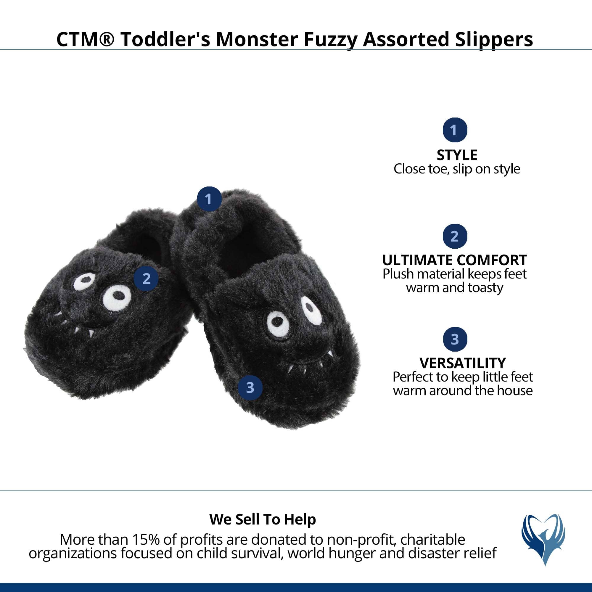 CTM® Toddler's Monster Fuzzy Assorted Slippers - Black