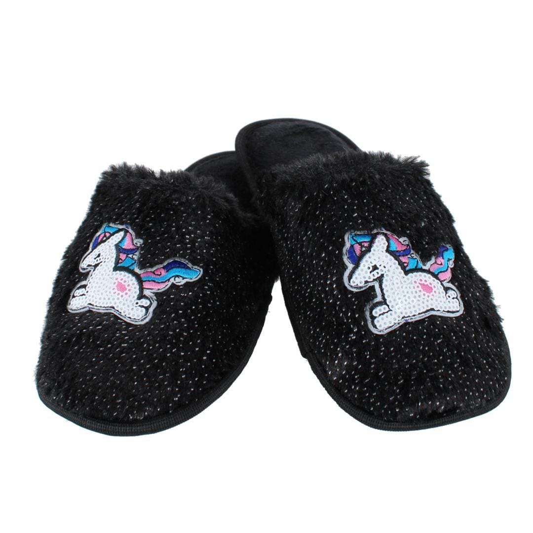 CTM® Girl's Fuzzy Unicorn Slide Slippers - Black