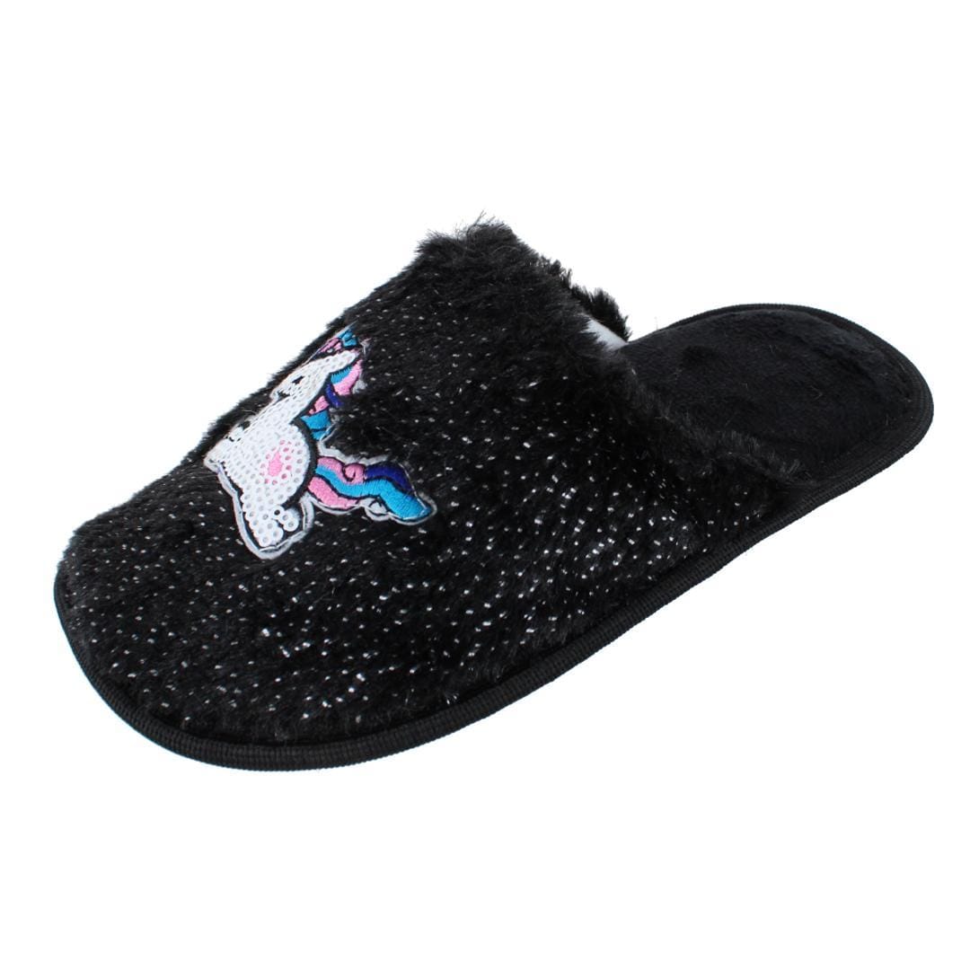 CTM® Girl's Fuzzy Unicorn Slide Slippers - Black