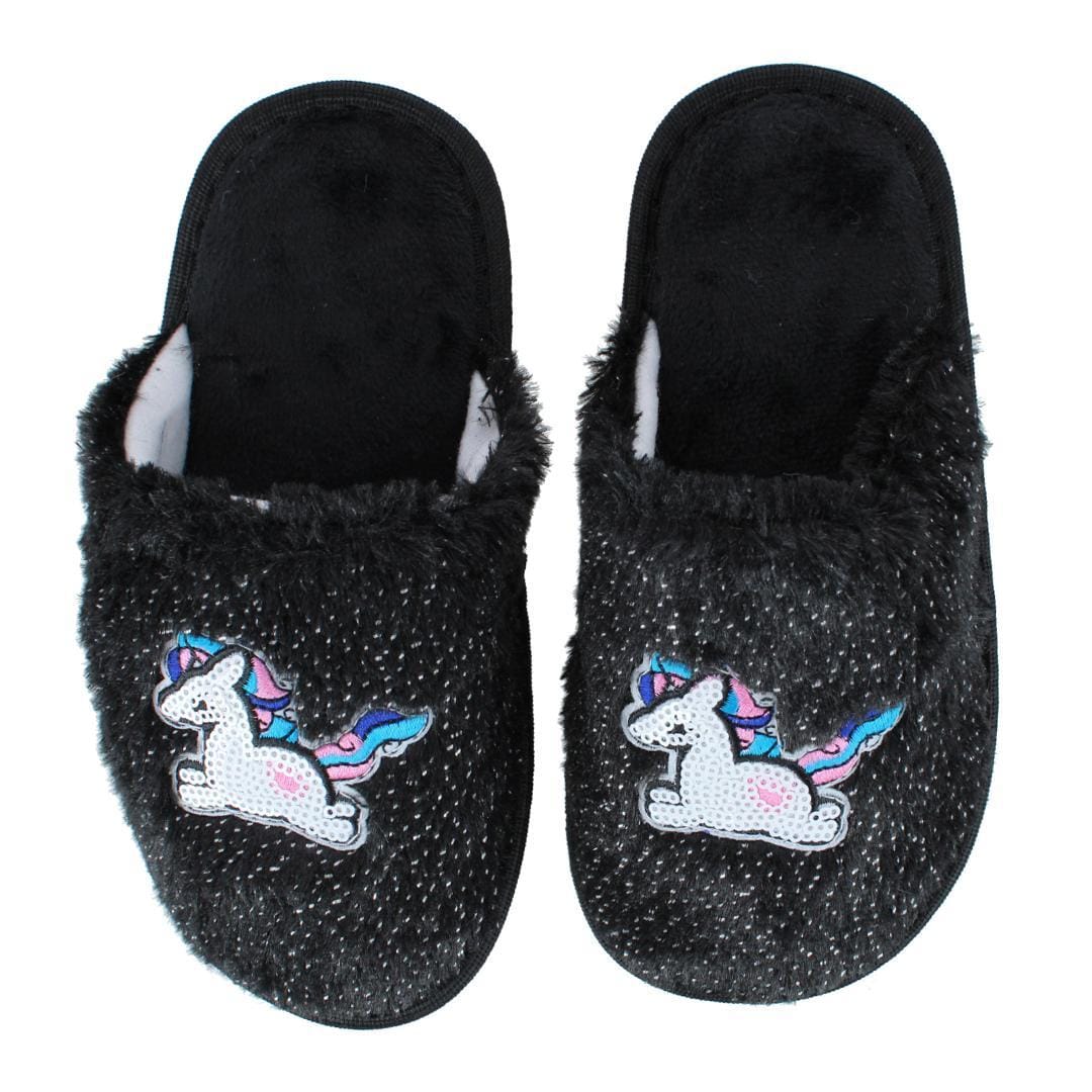 CTM® Girl's Fuzzy Unicorn Slide Slippers - Black