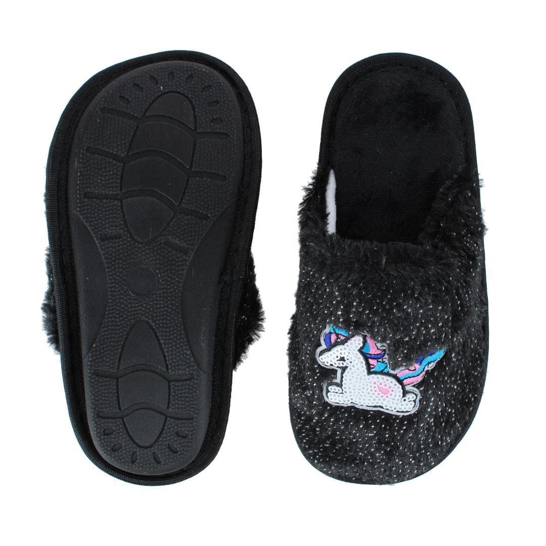 CTM® Girl's Fuzzy Unicorn Slide Slippers - Black