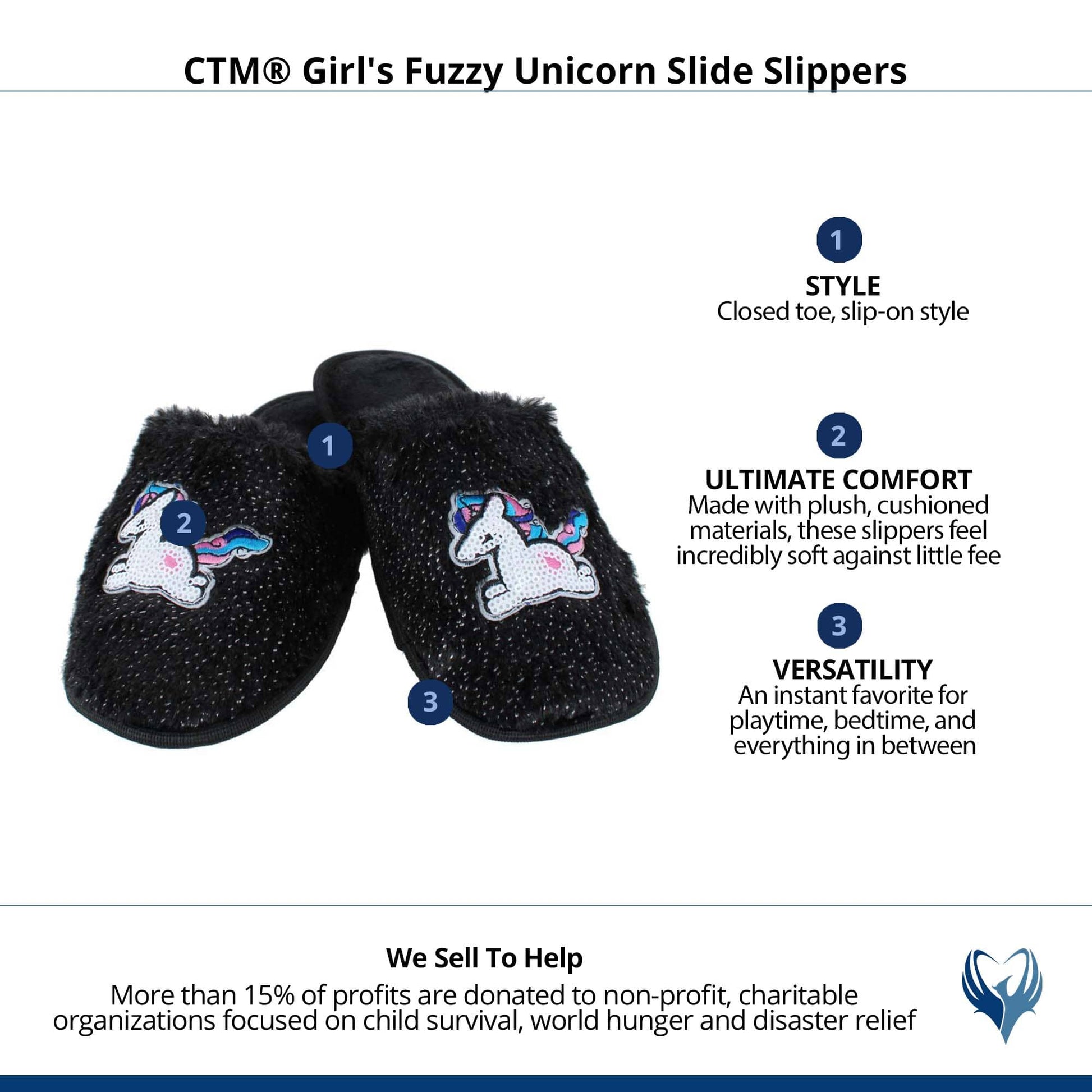 CTM® Girl's Fuzzy Unicorn Slide Slippers - Black