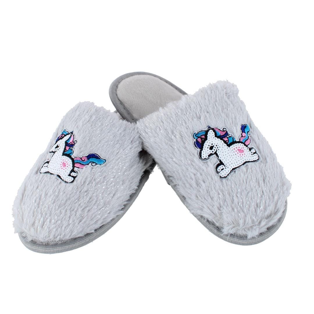 CTM® Girl's Fuzzy Unicorn Slide Slippers - Grey