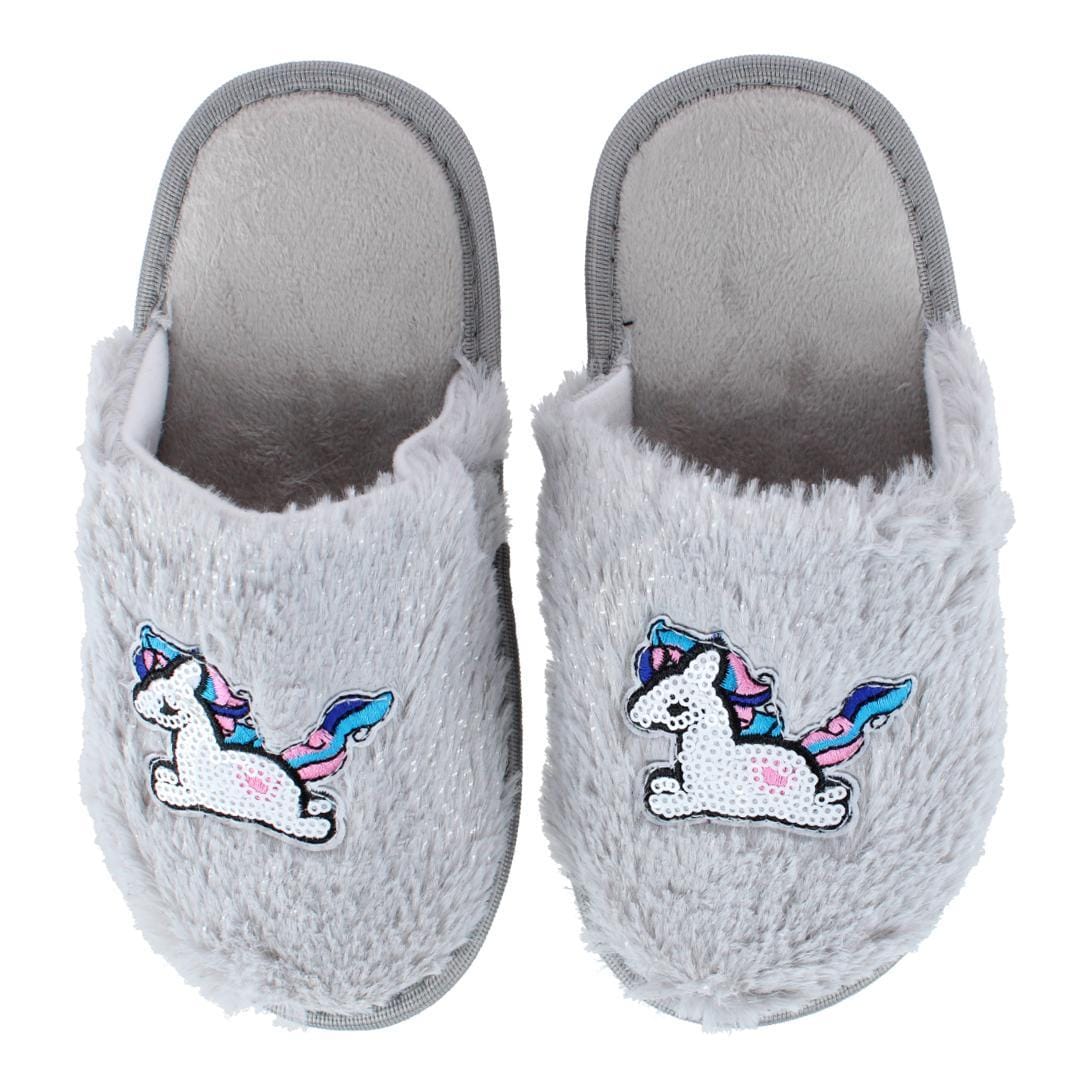 CTM® Girl's Fuzzy Unicorn Slide Slippers - Grey