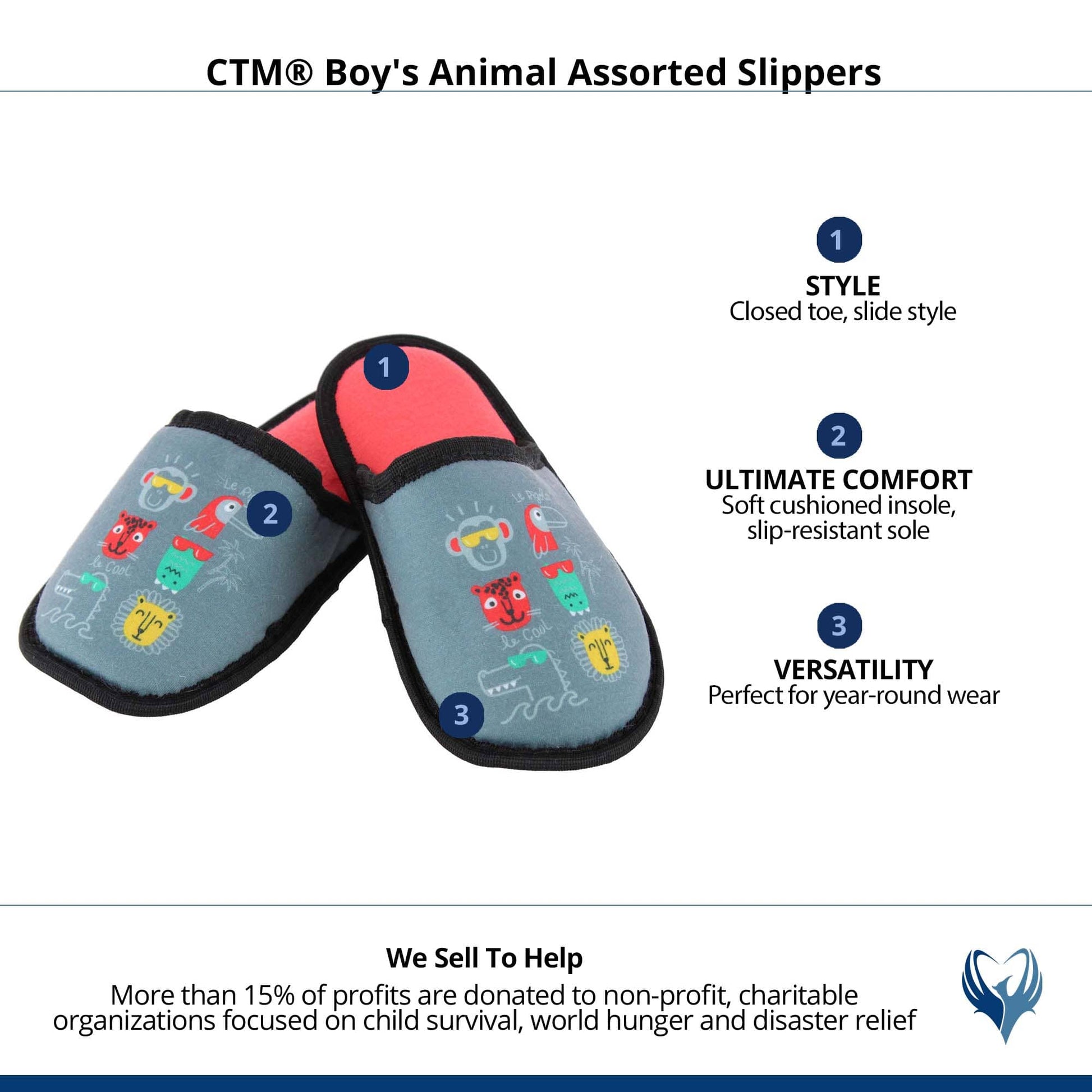 CTM® Boy's Animal Assorted Slippers - Grey