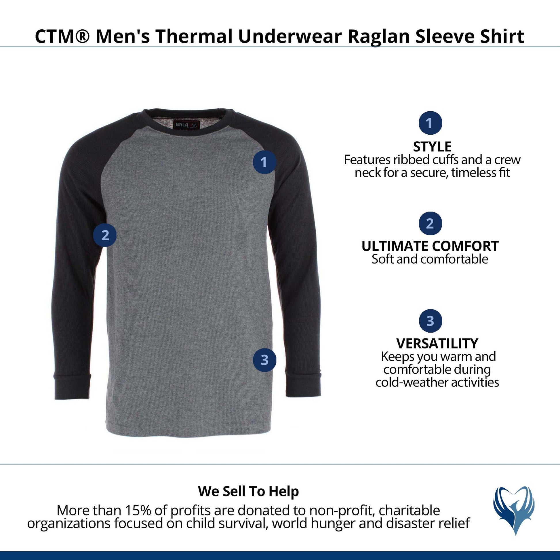CTM® Men's Thermal Underwear Raglan Sleeve Shirt - Black