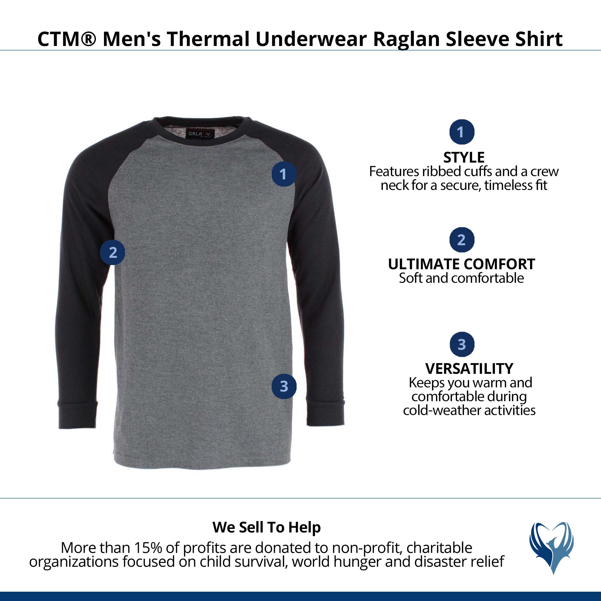 CTM® Men's Thermal Underwear Raglan Sleeve Shirt - Black