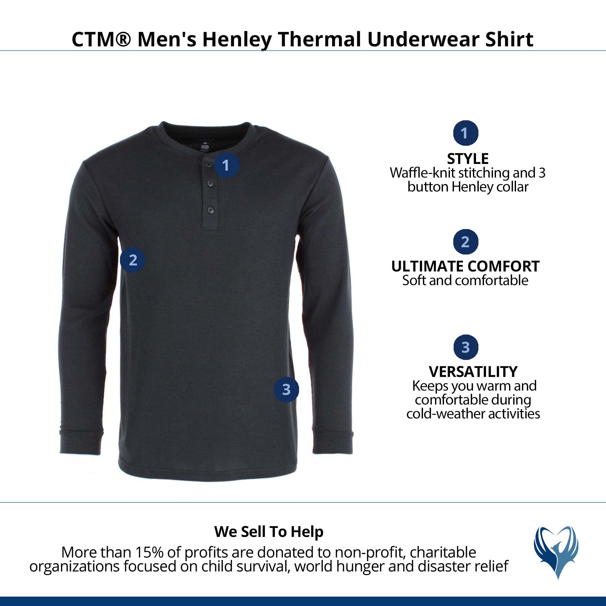 CTM® Men's Henley Thermal Underwear Shirt - Black
