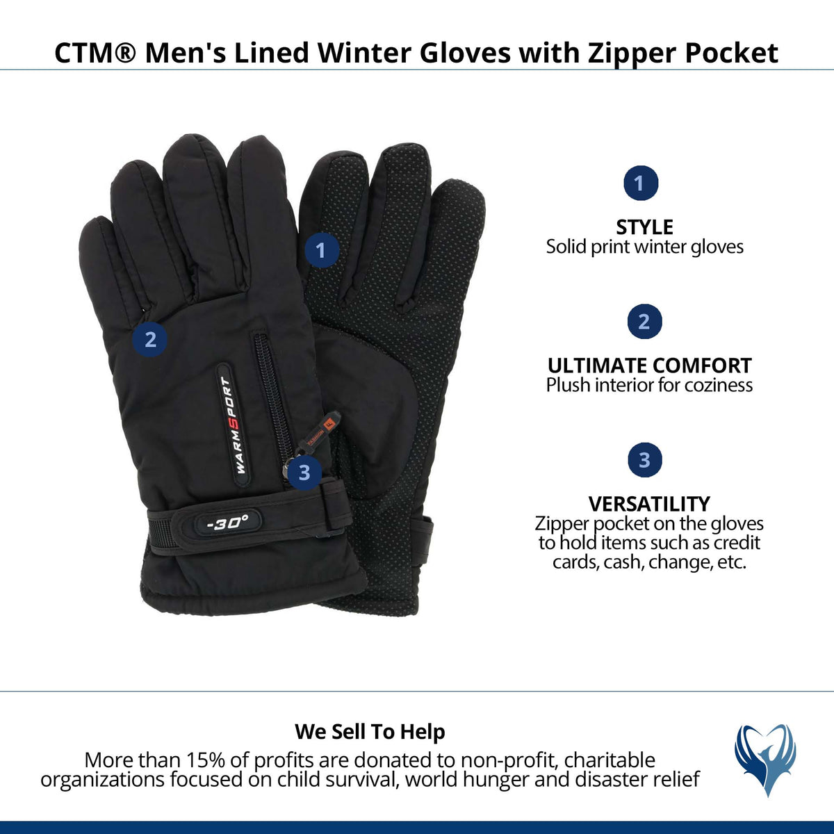 CTM® Men's Lined Winter Gloves with Zipper Pocket - Black