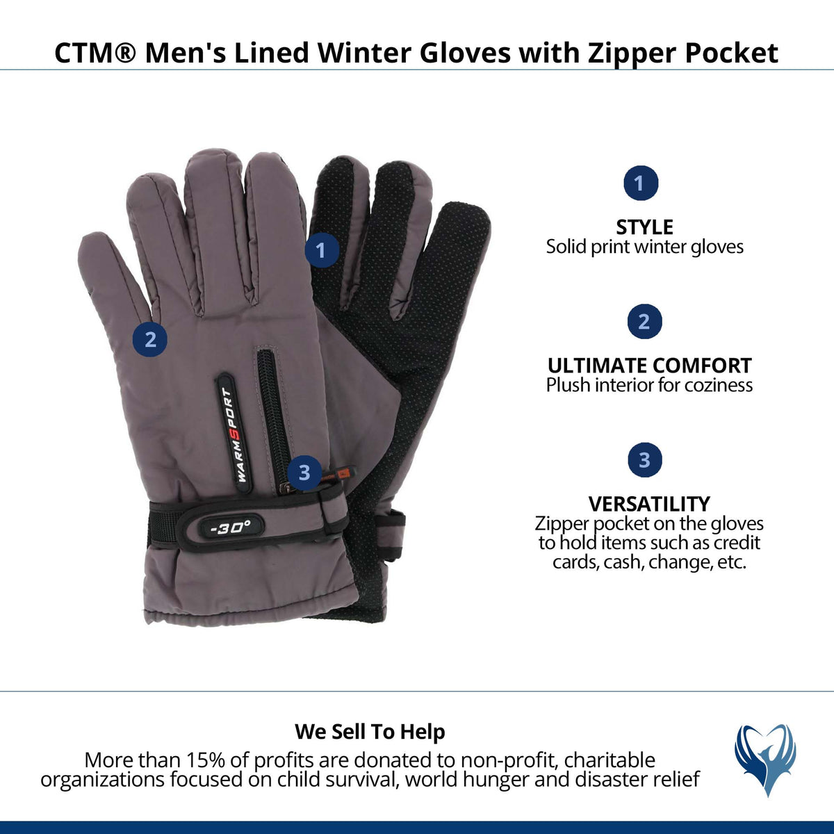 CTM® Men's Lined Winter Gloves with Zipper Pocket - Gray