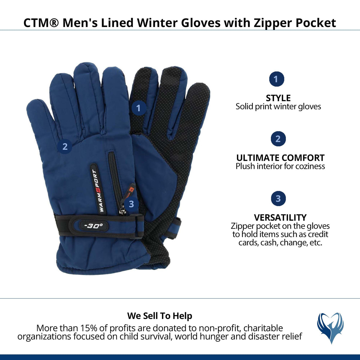 CTM® Men's Lined Winter Gloves with Zipper Pocket - Navy