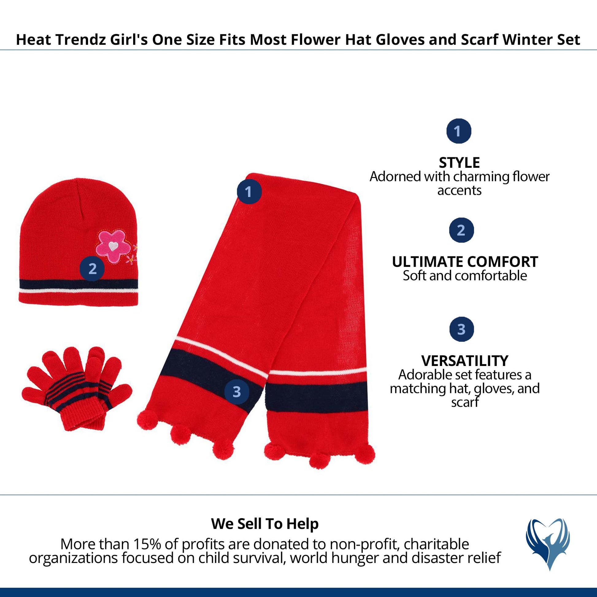 Heat Trendz Girl's Flower Hat Gloves and Scarf Winter Set - Red
