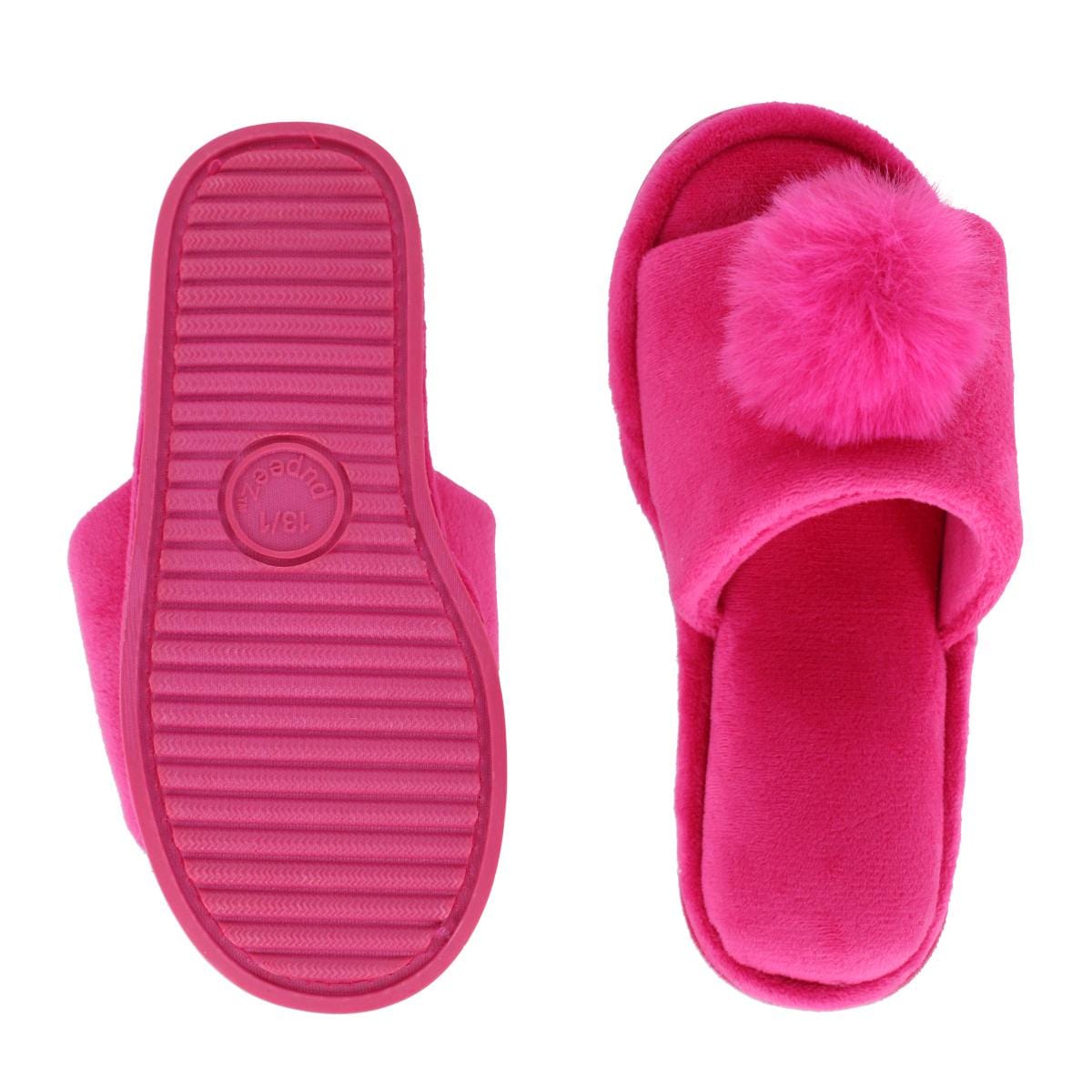 CTM® Girl's Soft Pom Open Toe Slide Slippers - Dark Pink
