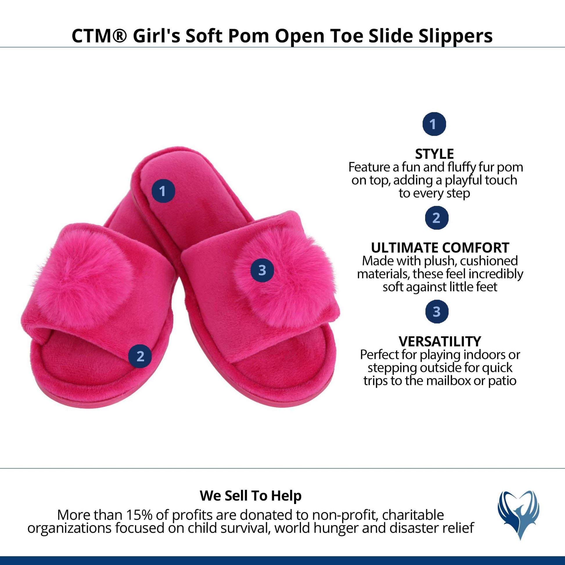 CTM® Girl's Soft Pom Open Toe Slide Slippers - Dark Pink
