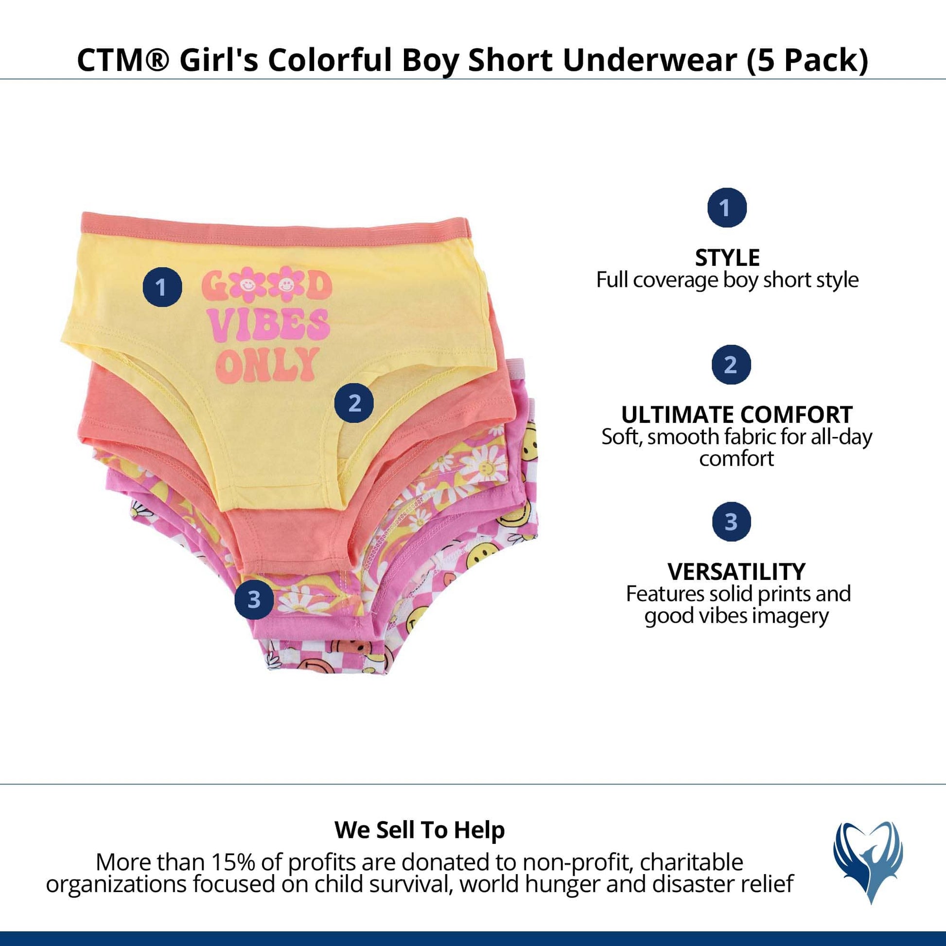 CTM® Girl's Colorful Boy Short Underwear (5 Pack) - Multicolor