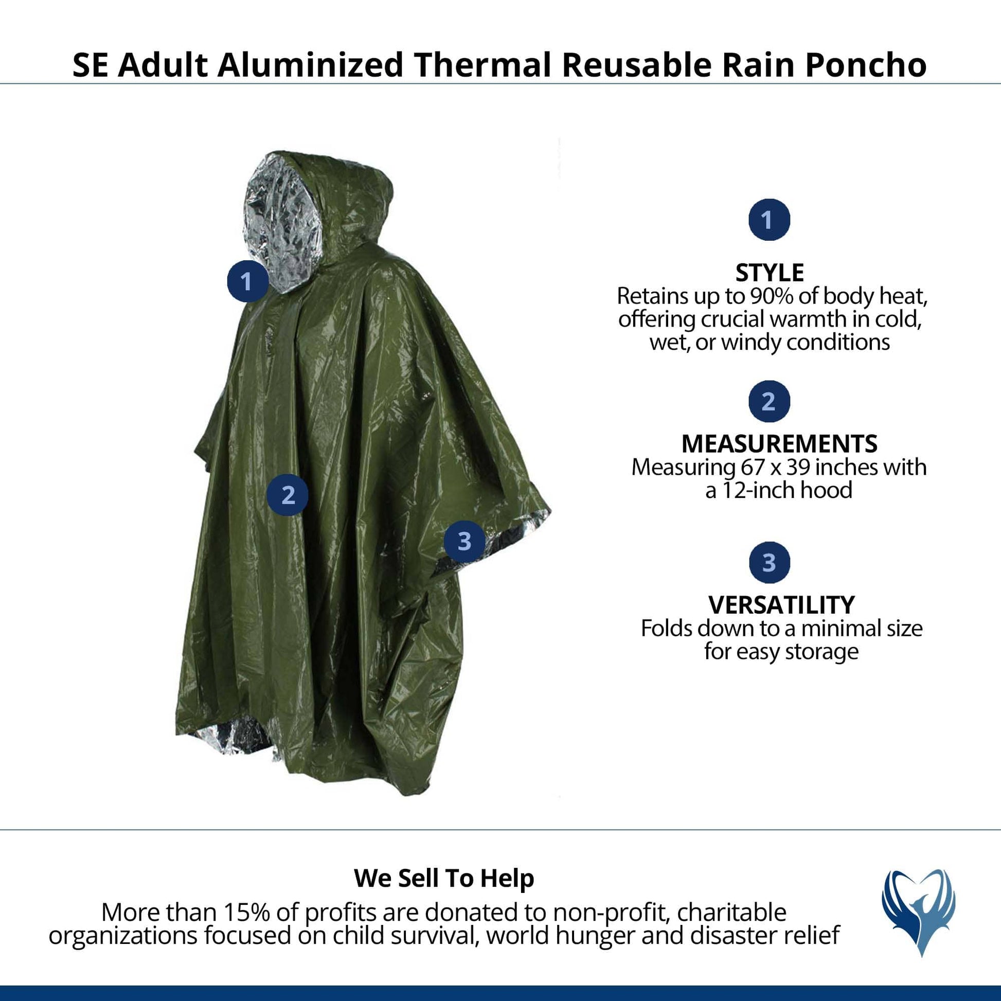 SE Adult Aluminized Thermal Reusable Rain Poncho - Olive Green
