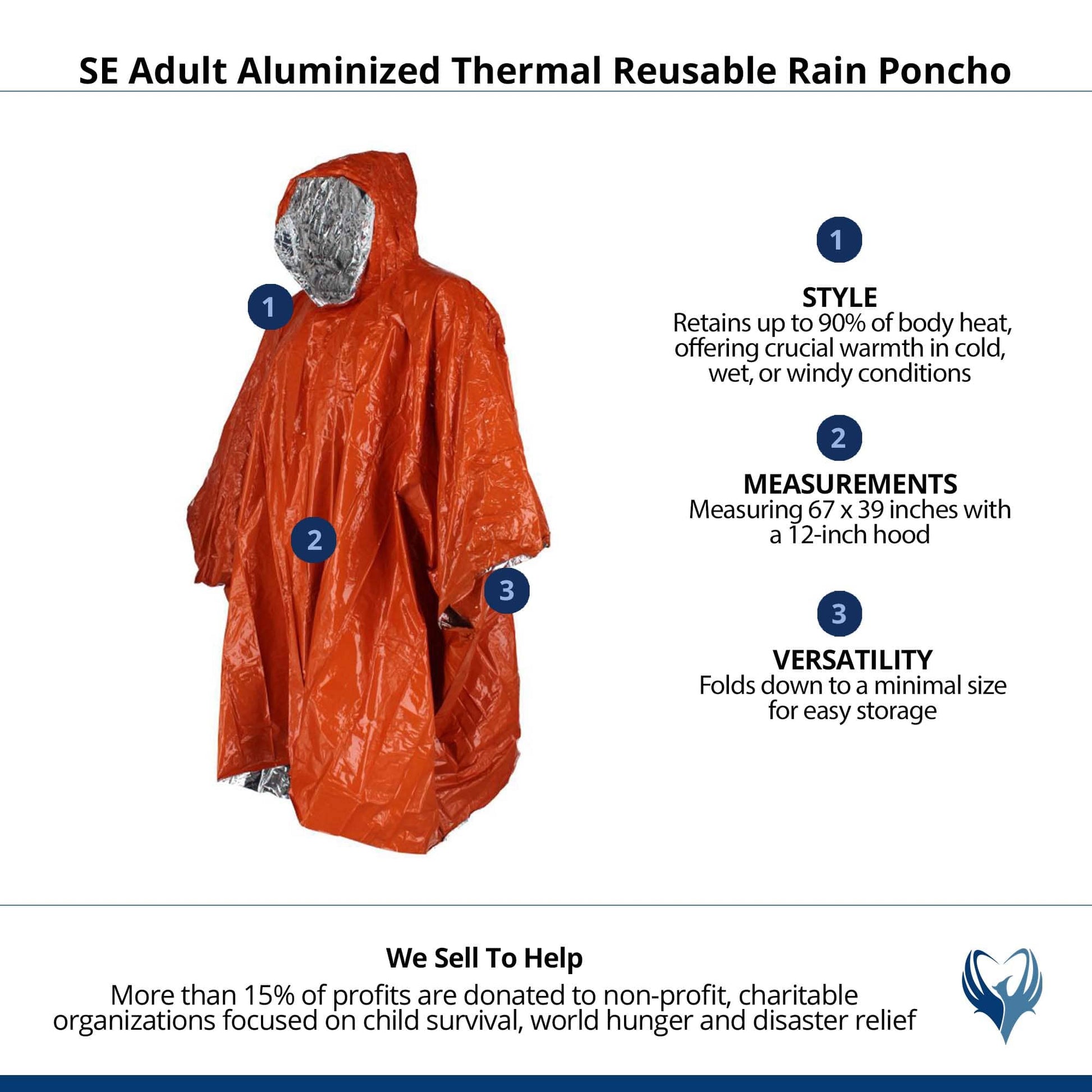 SE Adult Aluminized Thermal Reusable Rain Poncho - Orange