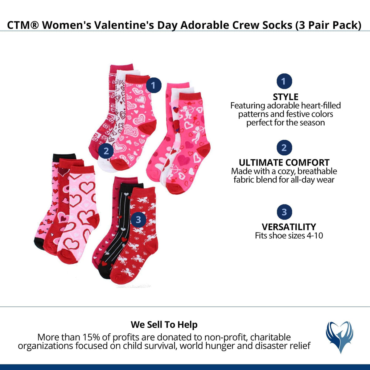CTM® Women's Valentine's Day Adorable Crew Socks (3 Pair Pack) - Multiple