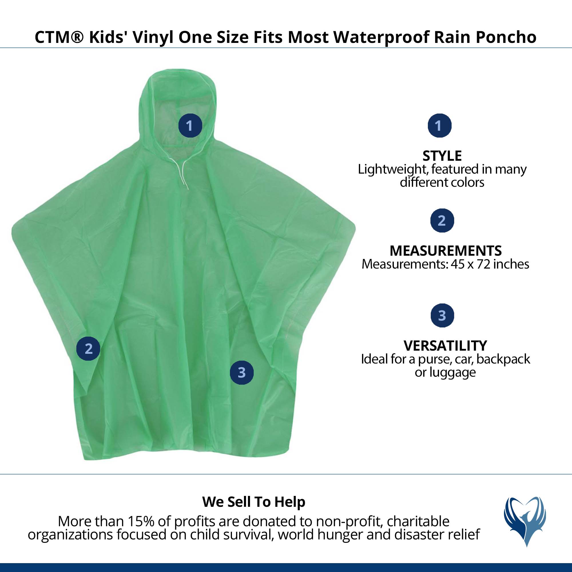 CTM® Kids' Vinyl One Size Fits Most Waterproof Rain Poncho - Green