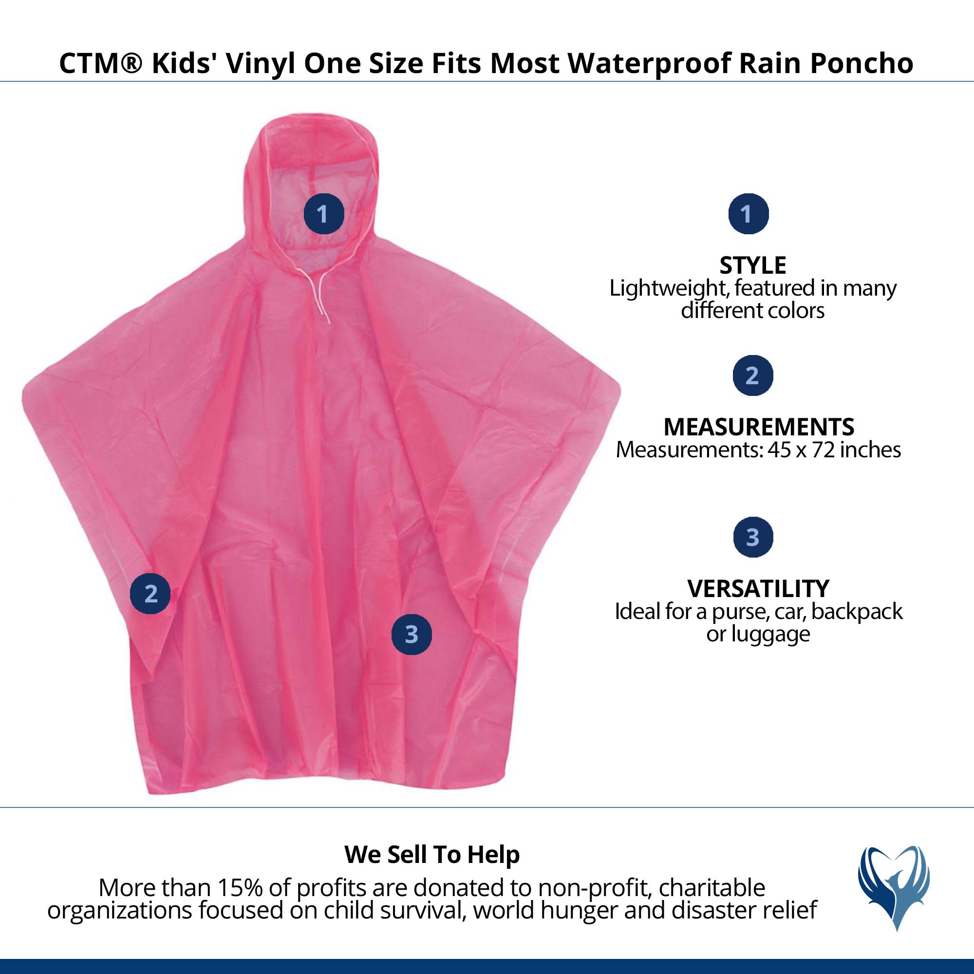 CTM® Kids' Vinyl One Size Fits Most Waterproof Rain Poncho - Pink