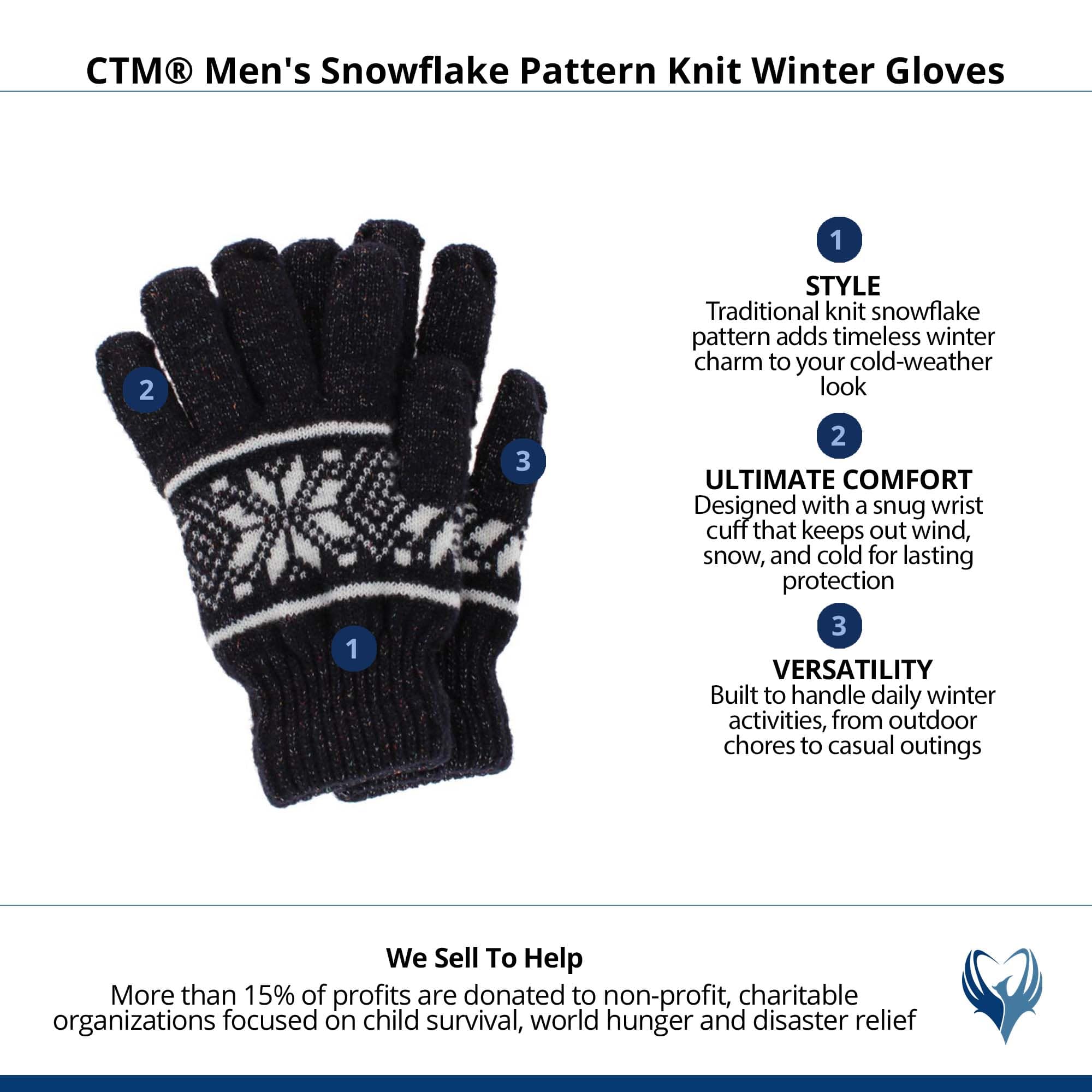 CTM® Men's Snowflake Pattern Knit Winter Gloves - Black