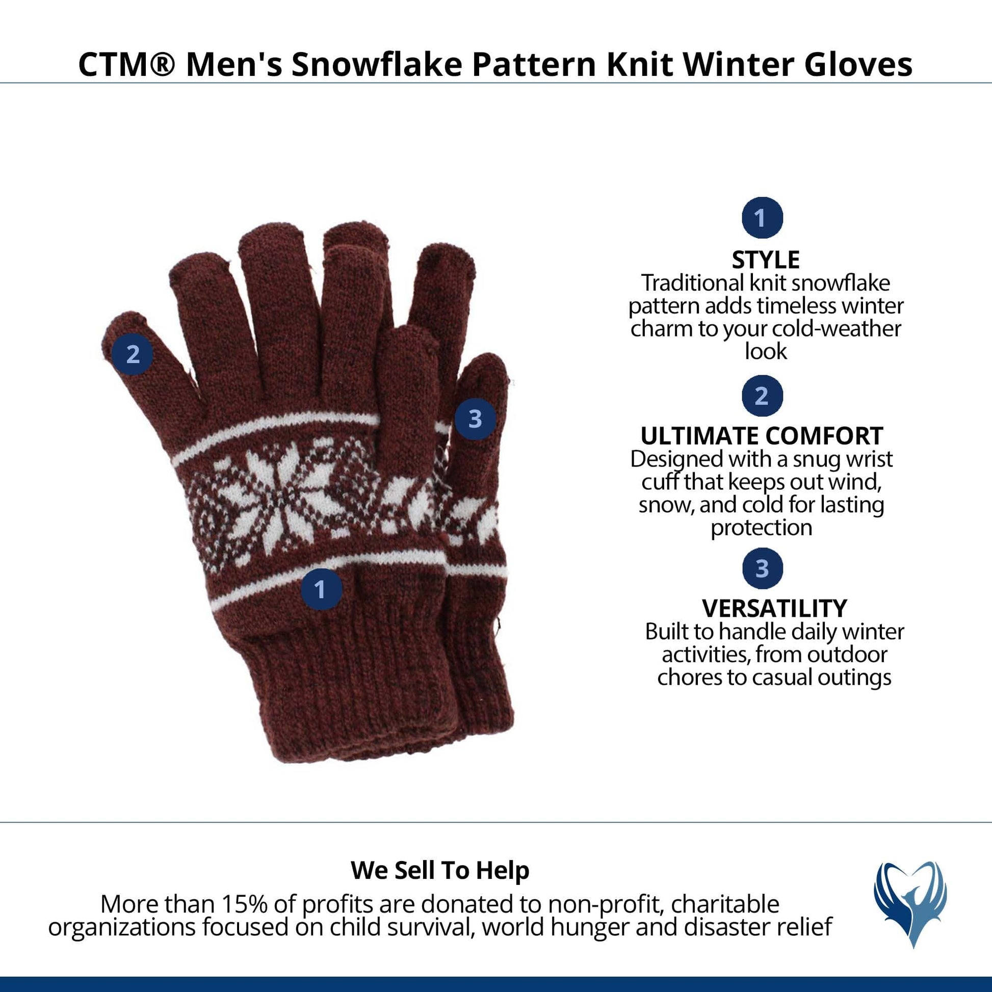 CTM® Men's Snowflake Pattern Knit Winter Gloves - Brown
