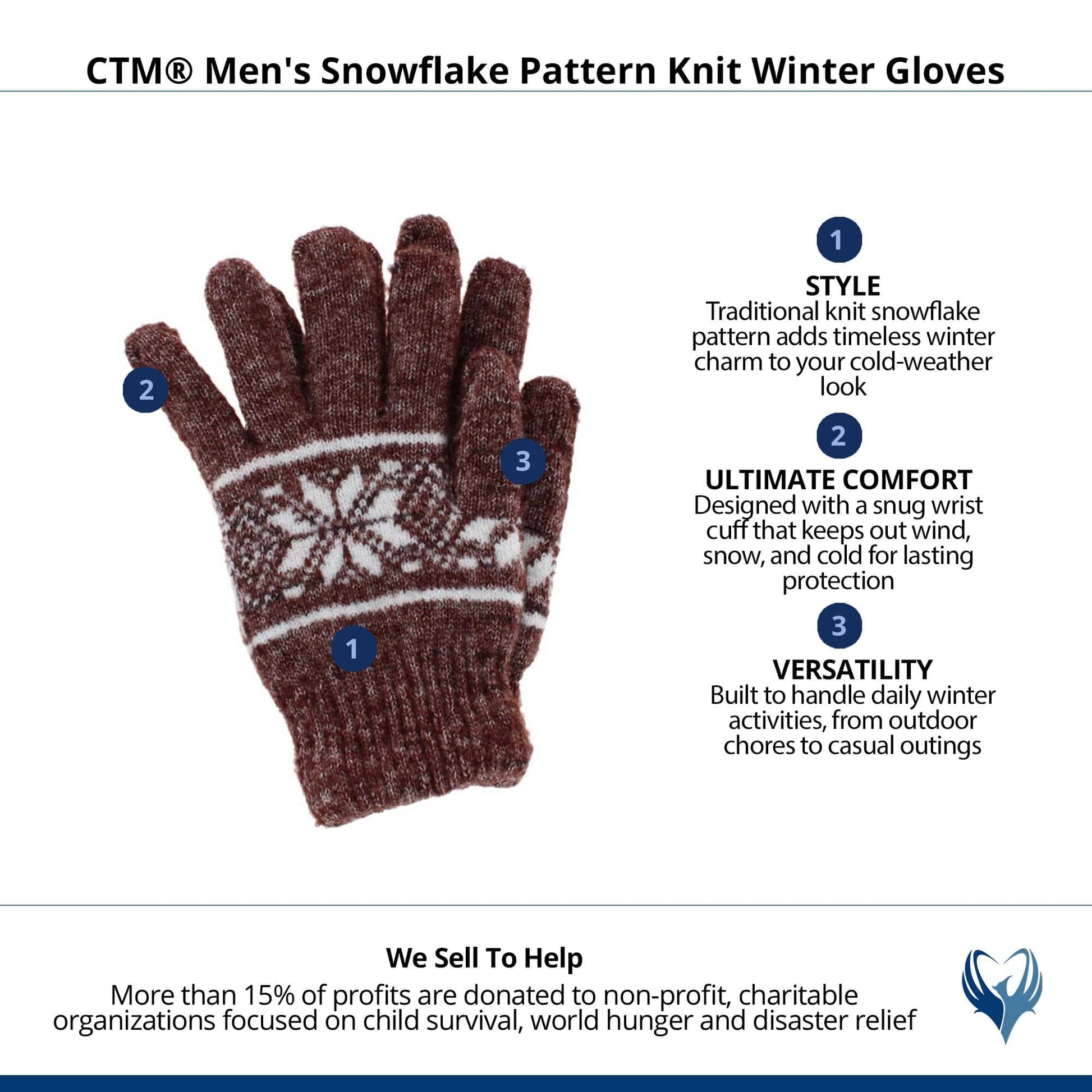 CTM® Men's Snowflake Pattern Knit Winter Gloves - Light Brown