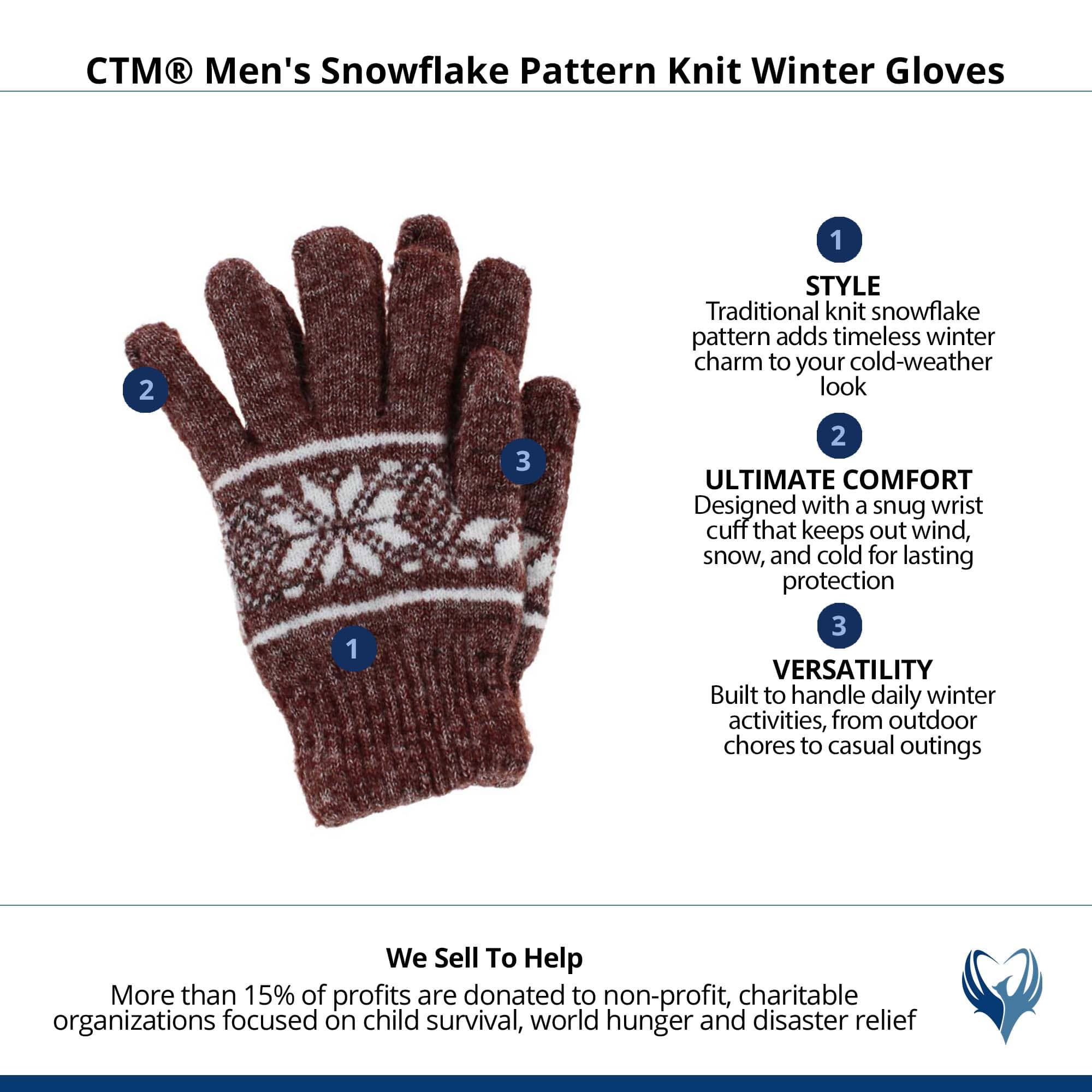 CTM® Men's Snowflake Pattern Knit Winter Gloves - Light Brown