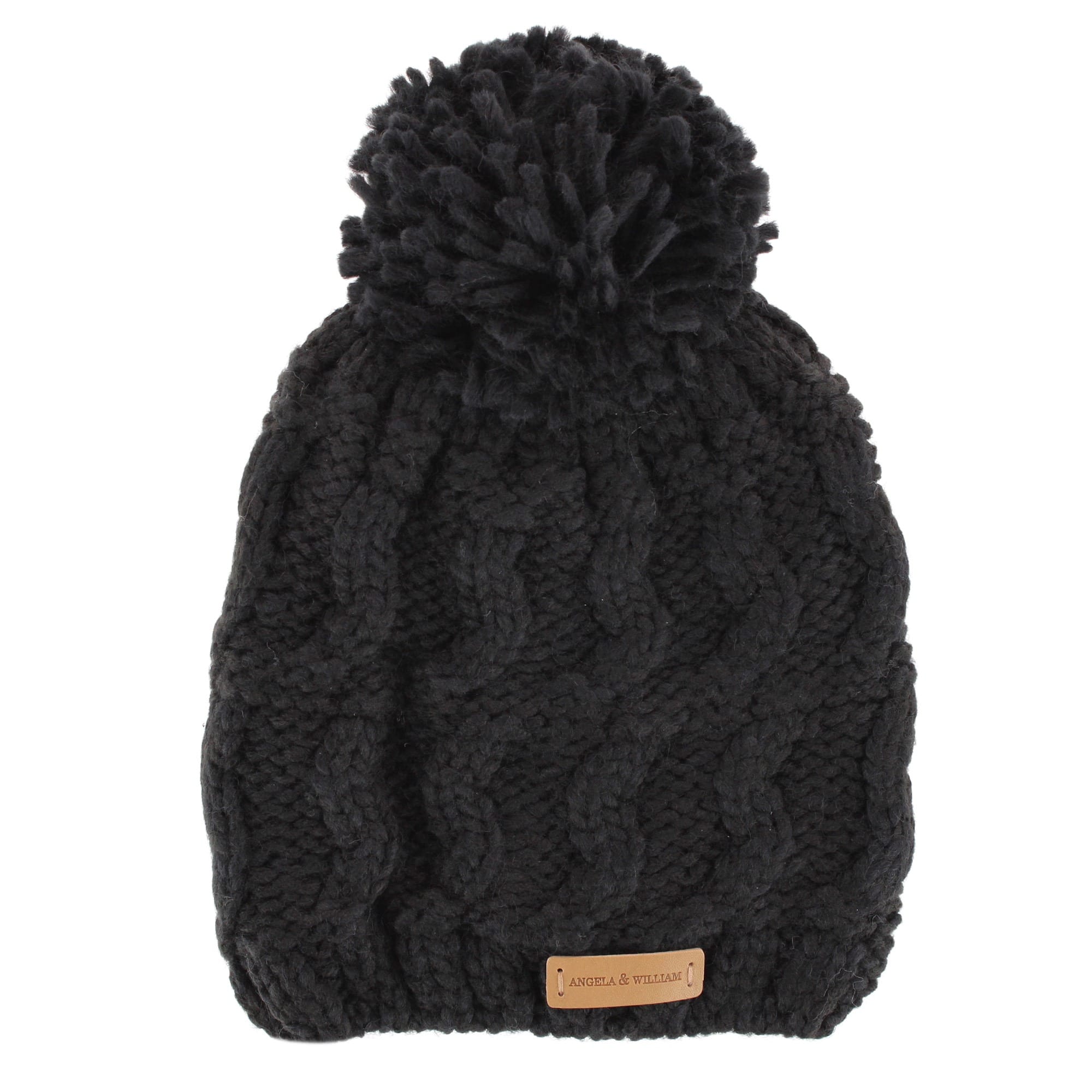 Angela & William Women's Wool Blend Sherpa Lined Winter Beanie with Pom - Black
