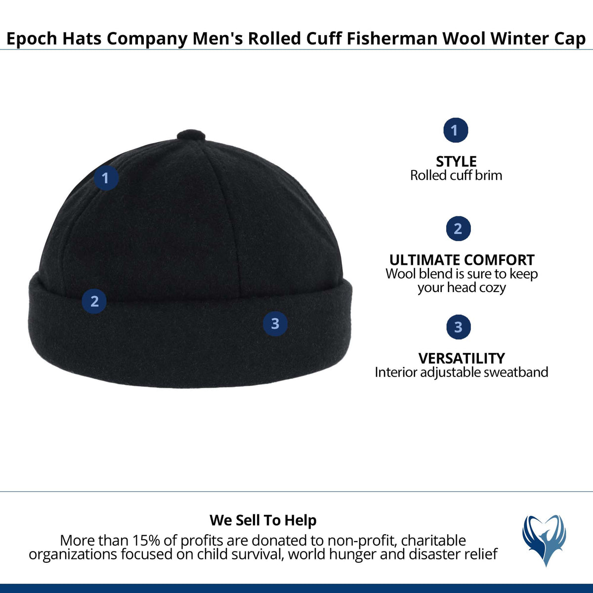 Epoch Hats Company Men's Rolled Cuff  Fisherman Wool Winter Cap - Black