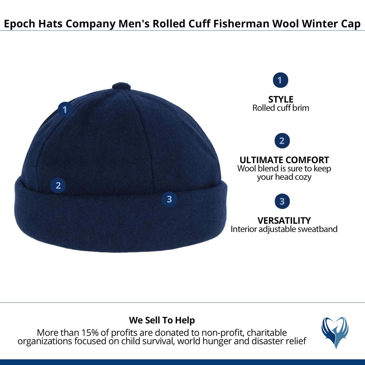 Epoch Hats Company Men's Rolled Cuff  Fisherman Wool Winter Cap - Navy