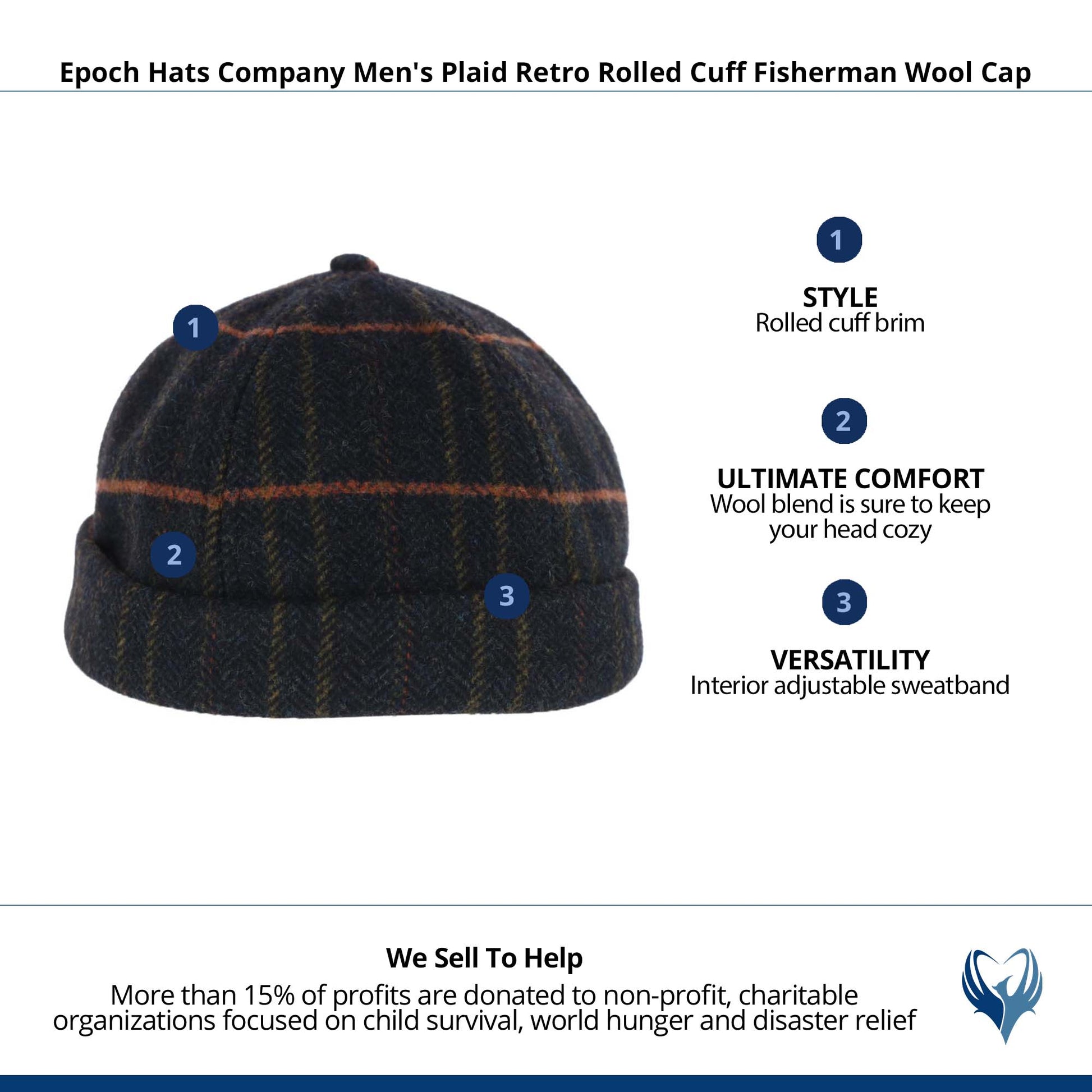 Epoch Hats Company Men's Plaid Retro Rolled Cuff Fisherman Wool Cap - Black