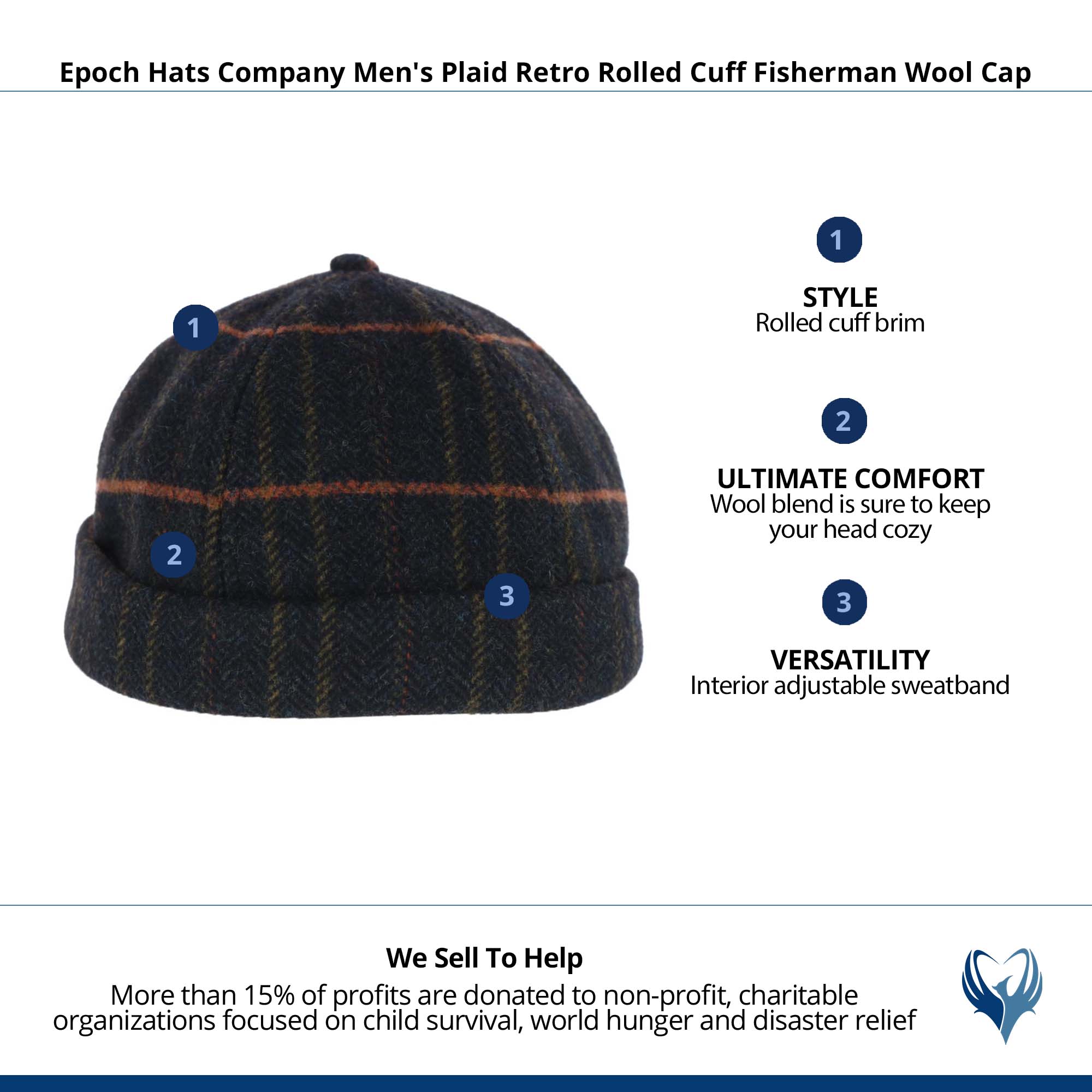 Epoch Hats Company Men's Plaid Retro Rolled Cuff Fisherman Wool Cap - Black