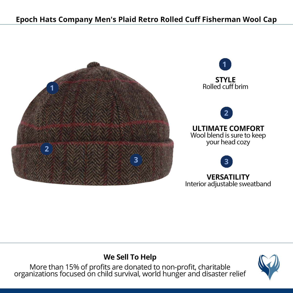 Epoch Hats Company Men's Plaid Retro Rolled Cuff Fisherman Wool Cap - Brown