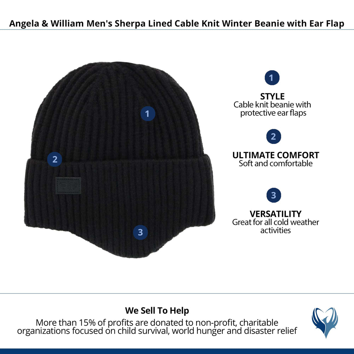 Angela & William Men's Sherpa Lined Cable Knit Winter Beanie with Ear Flap - Black