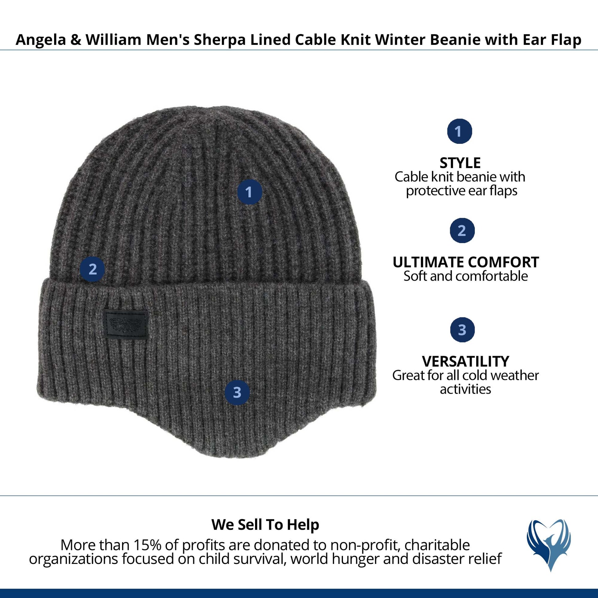 Angela & William Men's Sherpa Lined Cable Knit Winter Beanie with Ear Flap - Charcoal Gray