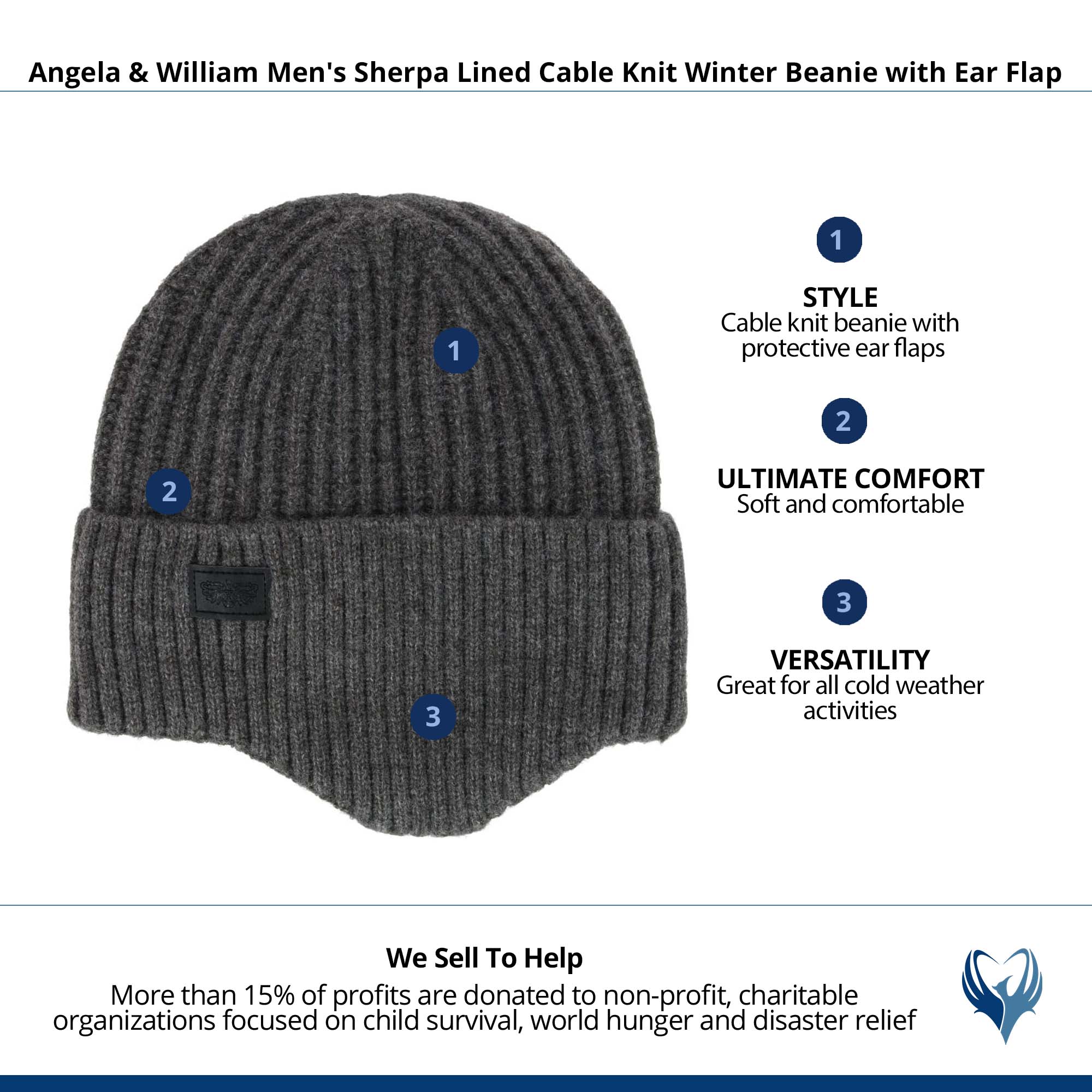 Angela & William Men's Sherpa Lined Cable Knit Winter Beanie with Ear Flap - Charcoal Gray
