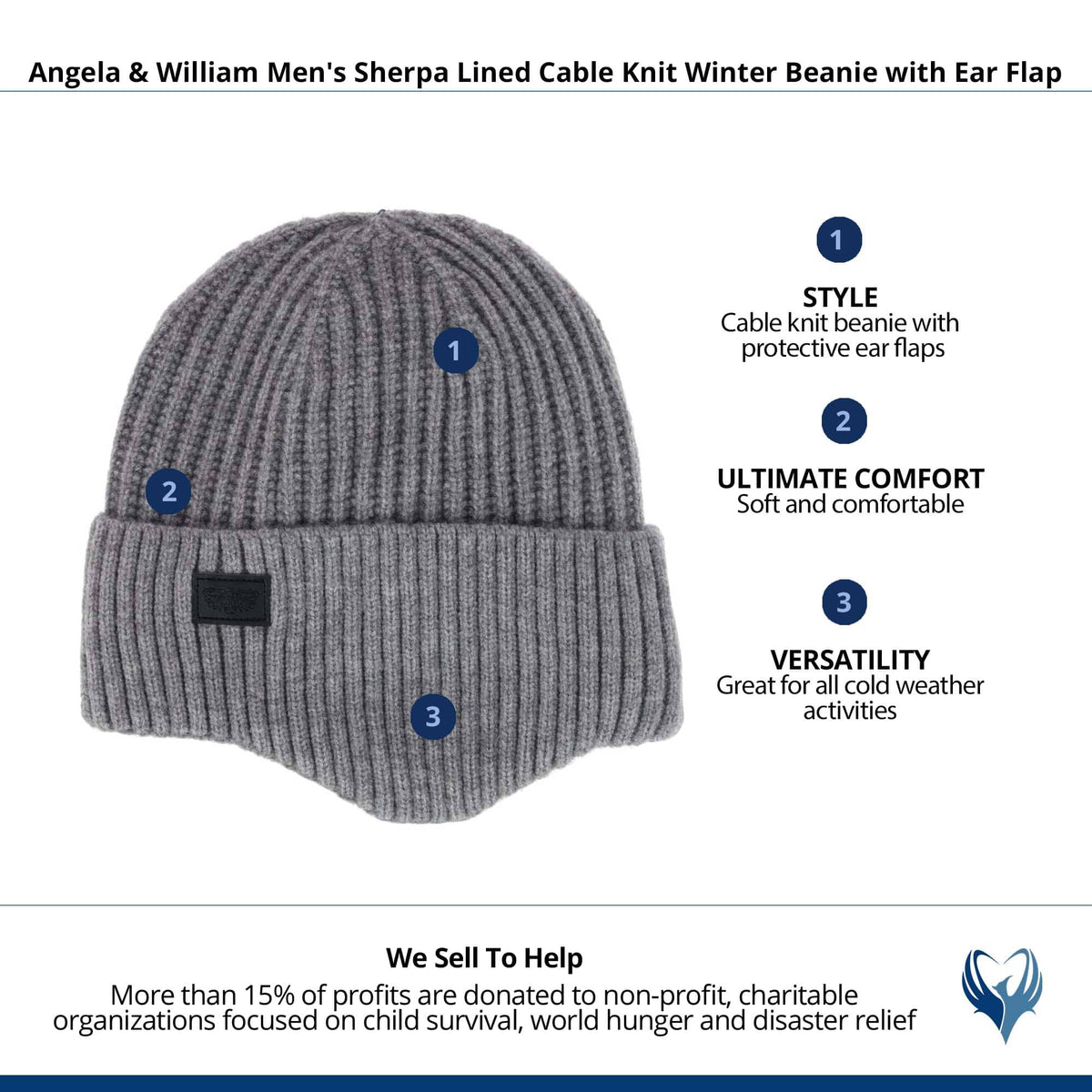 Angela & William Men's Sherpa Lined Cable Knit Winter Beanie with Ear Flap - Ash Gray
