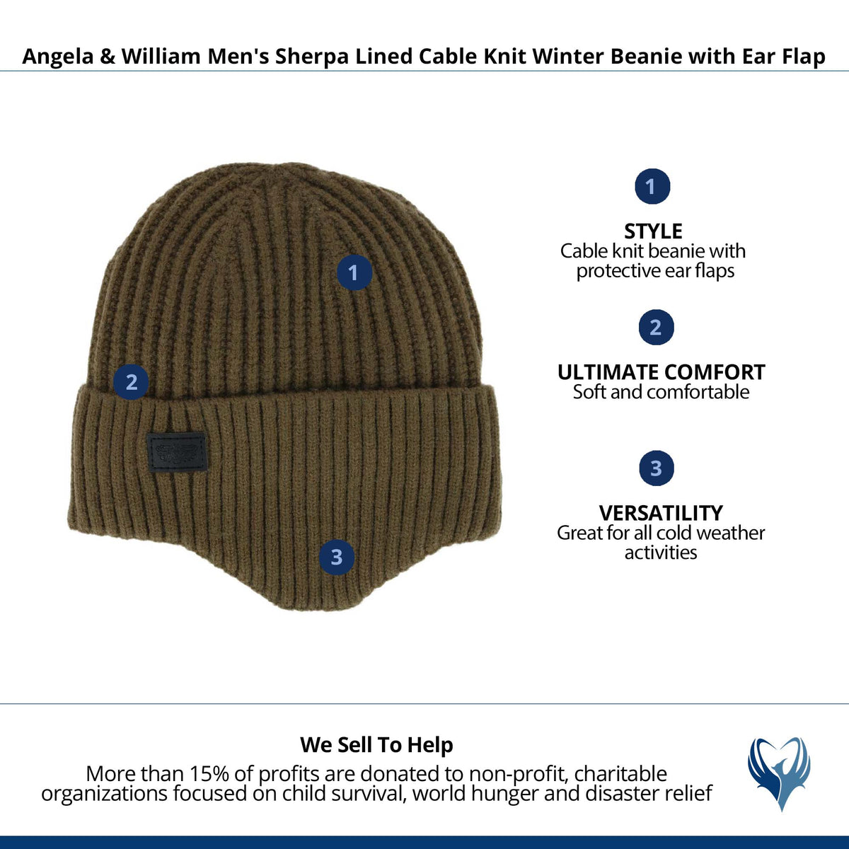 Angela & William Men's Sherpa Lined Cable Knit Winter Beanie with Ear Flap - Olive